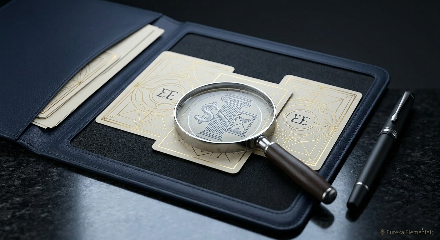 An executive leather portfolio containing gold-foil oracle cards, a high-end fountain pen, and a silver magnifying glass over a systemic card design.