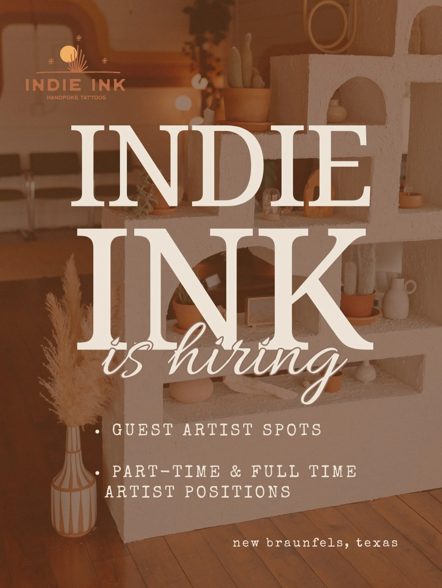 Want to work in a relaxing, women-owned, handpoke tattoo shop in the heart of the Hill Country? 

We are looking for artists who are hard working, take pride in their art, and want to help us create a welcoming and positive experience for every clien