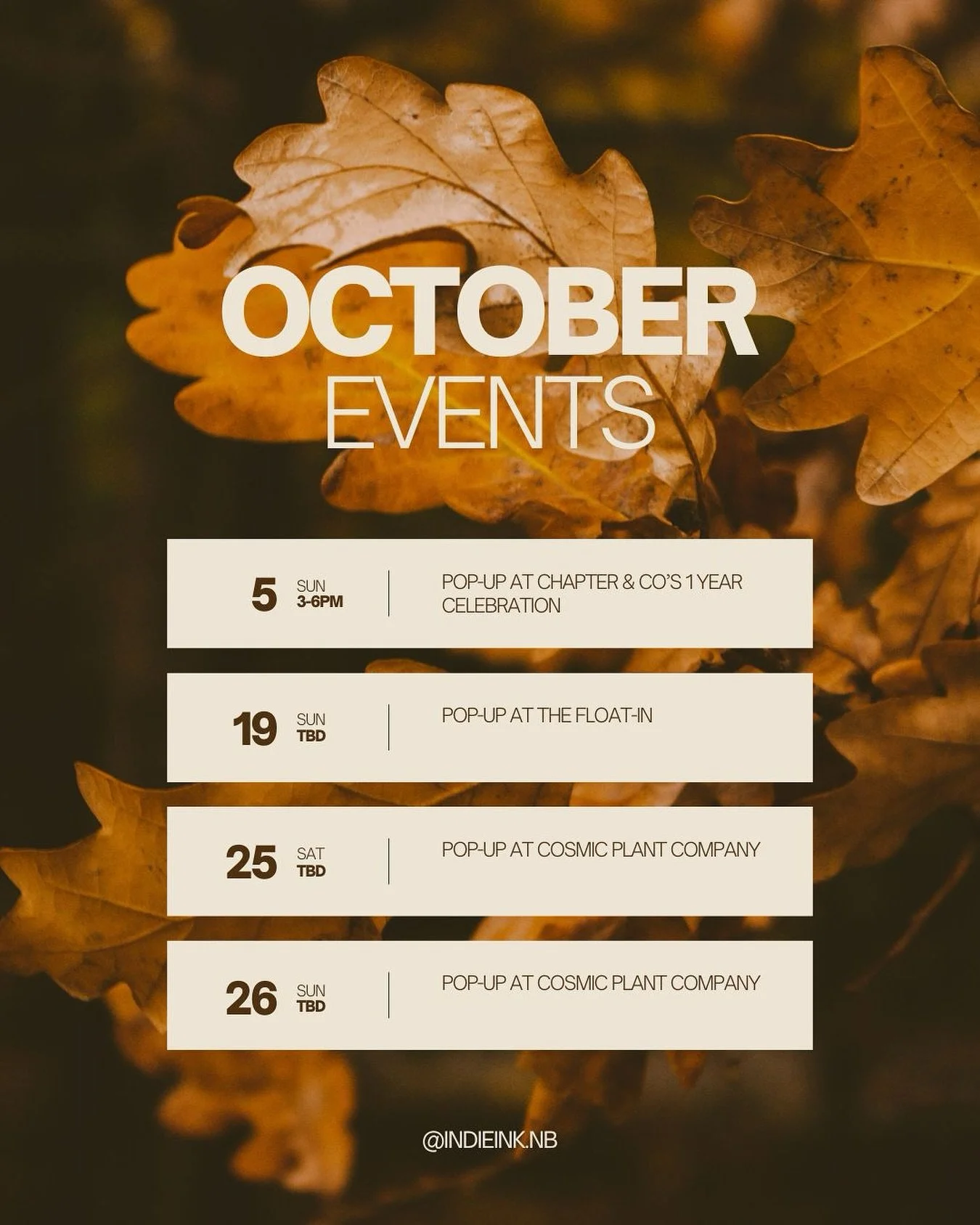 HAPPY OCTOBER! 🤎 We&rsquo;re busy busy busy this month! Come hang out with us at one of our pop-ups or book with us at the shop. 

(All dates and times subject to change)

We are starting out strong with a pop up THIS Sunday at @thechapterco . @anna