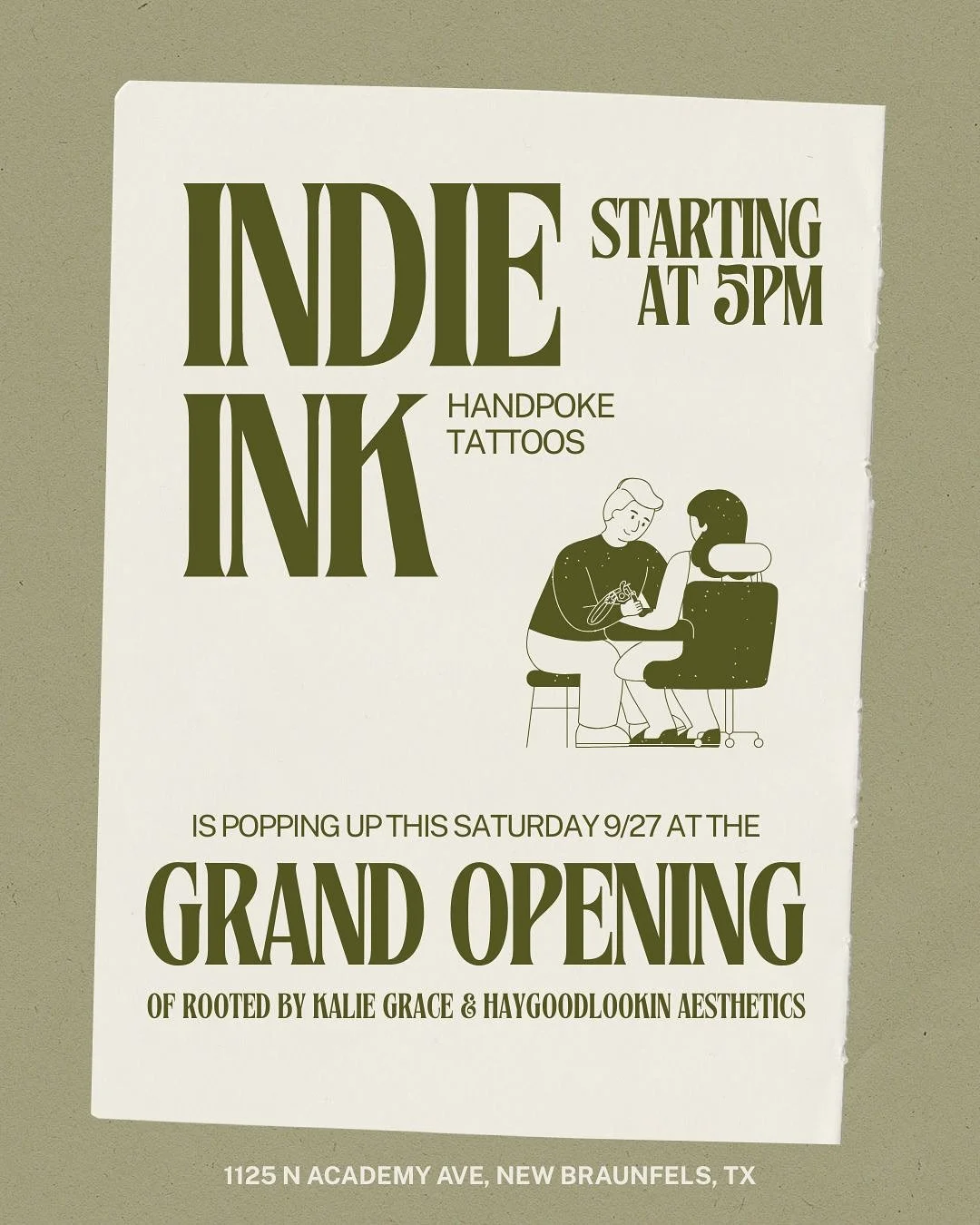 Join us this Saturday! 5-9pm 

@annabeth.ink and @agavepokes will be tattooing at the Grand Opening of @rootedbykaliegrace and @haygoodlookin_aesthetics new space! 

- Must be 18+
- No cash (card or mobile pay)
- First come, first serve (Limited spac