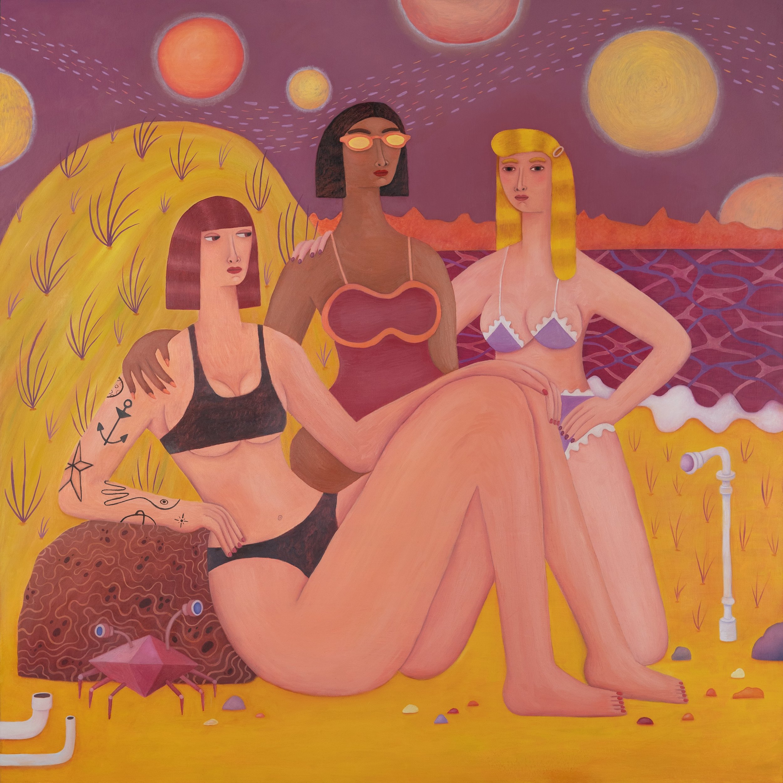 Three Women on Space Beach
 
36x36 in | oil on wood panel | 2026