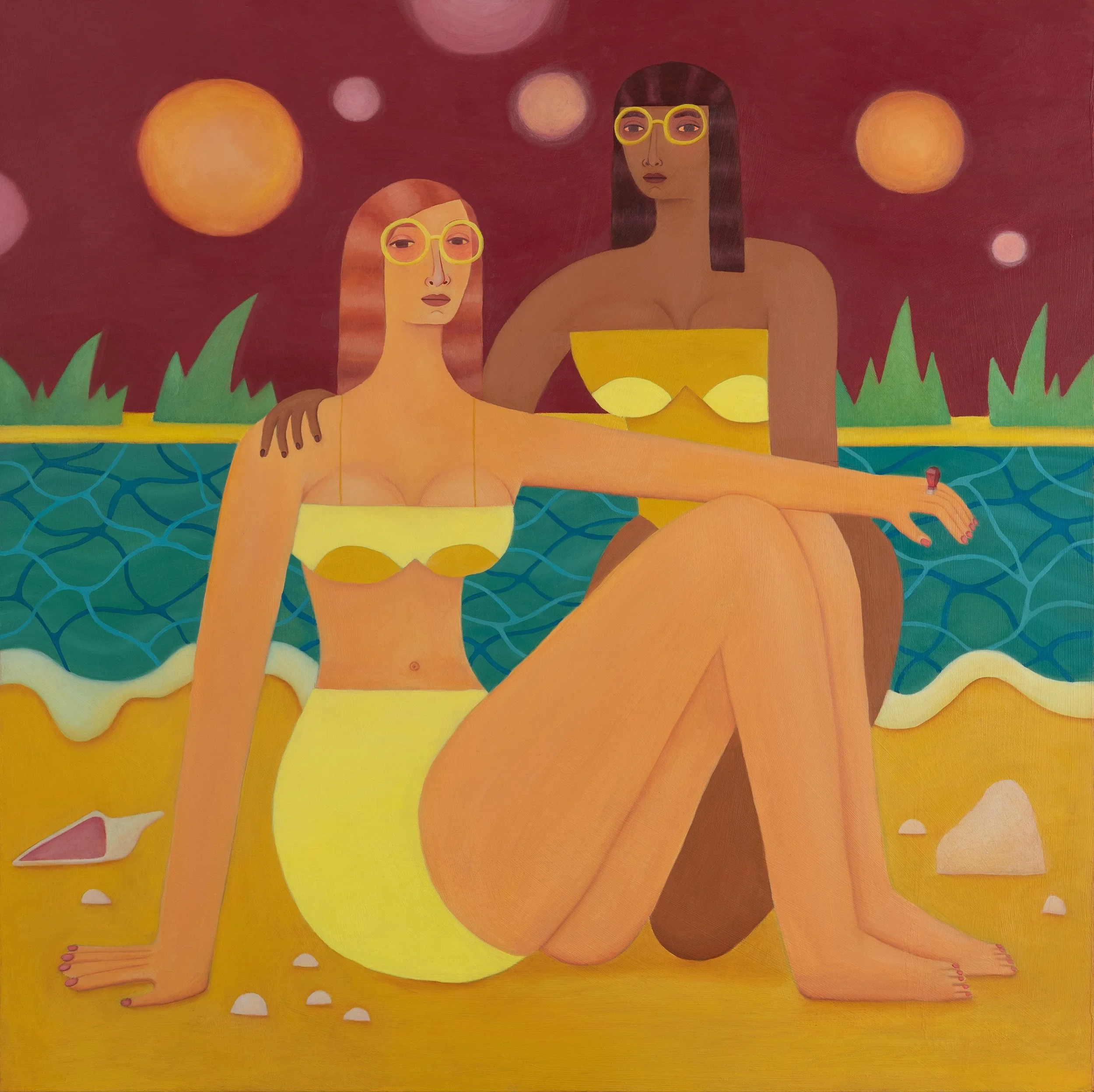 Two Women on Space Beach
 
30x30 in | oil on wood panel | 2025