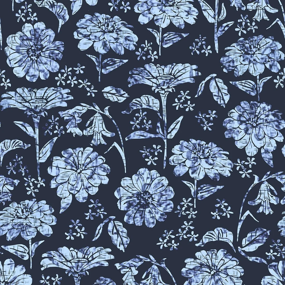 Surface design prints for textiles in a palette of blues