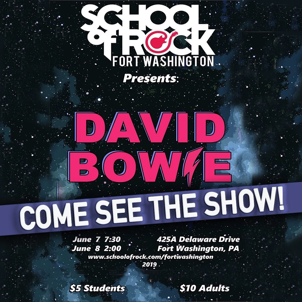 Ground Control to Major Tom. Put your helmet on and come to the David Bowie show at @fortwashingtonschoolofrock next Friday and Saturday (6/7 &amp; 6/8)! HMU for tix.