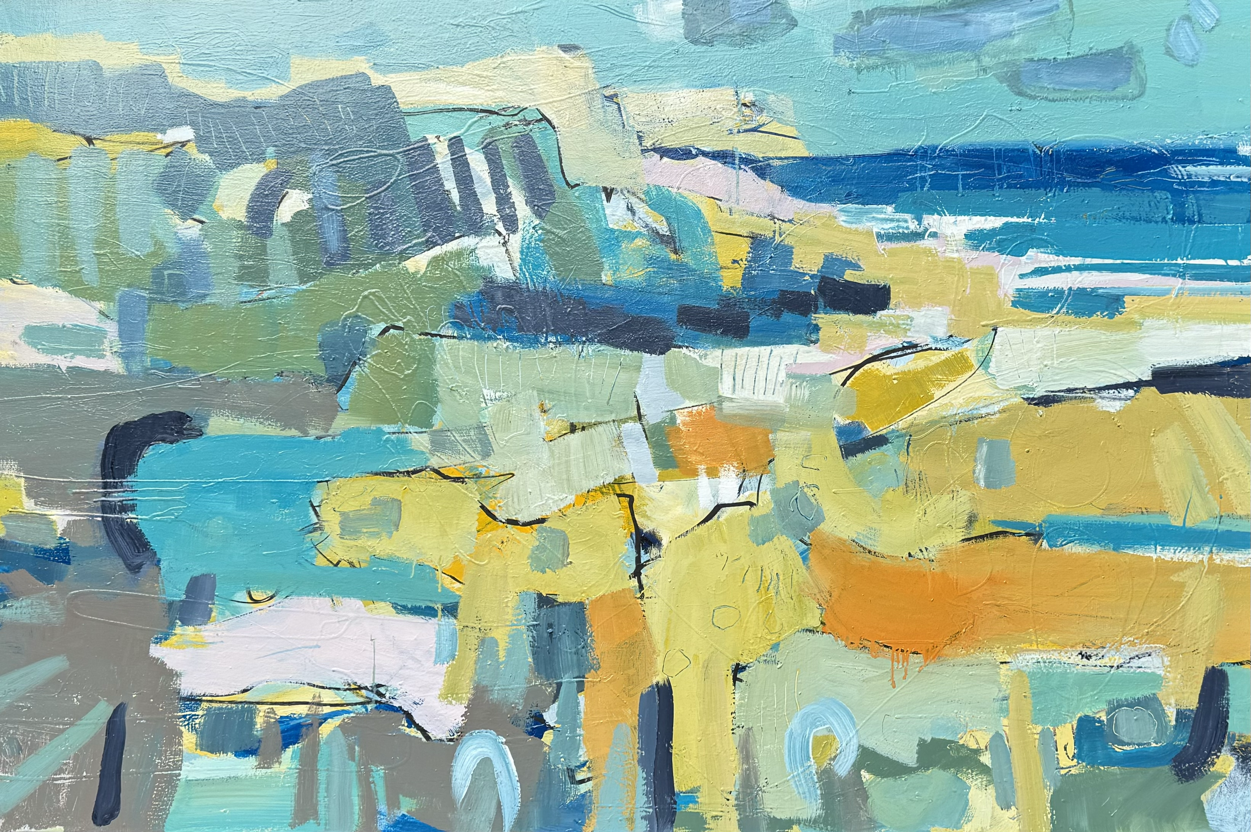 Landscape Study
Oil, peinture d’essence, sgraffito, gloss medium
Made as part of my RCA studies in 2025, this painting isn’t of the landscape so much as about it. I’m interested in creating a liminal space—one that records not just the land itself,