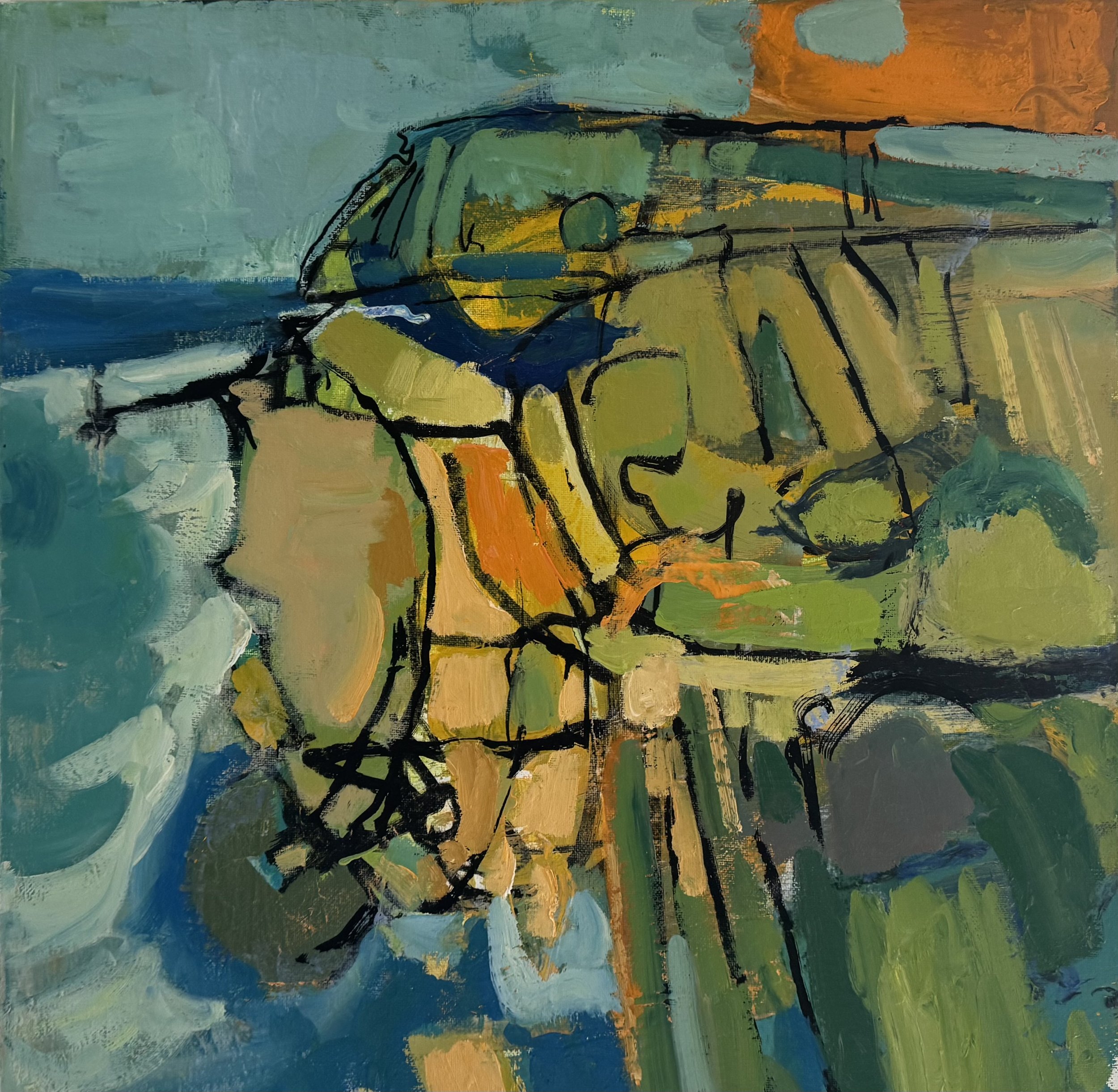 Edge: Landscape Study
Oil, peinture d’essence, sgraffito, gloss medium
This painting isn’t of the landscape so much as about it. I’m interested in creating a liminal space—one that records not just the land itself, but the lives, memories, and labou