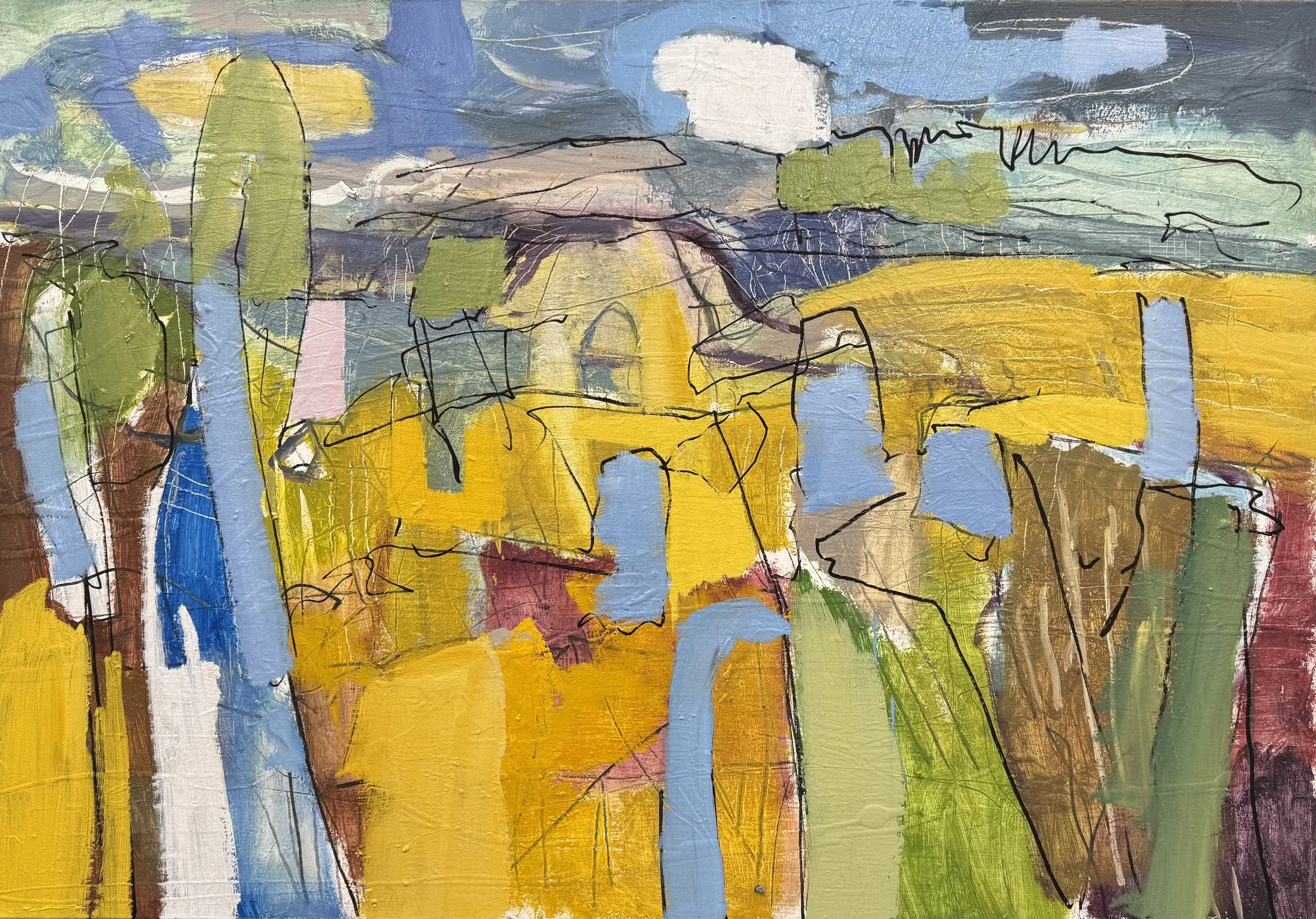 Midsummer
Peinture à l’essence, Dales limestone, gloss and oil on canvas
2023
Exploring the liminality of place and people, Fracture uses local stone and layered surfaces to evoke presence, time, and the porous boundary between body and landscape.