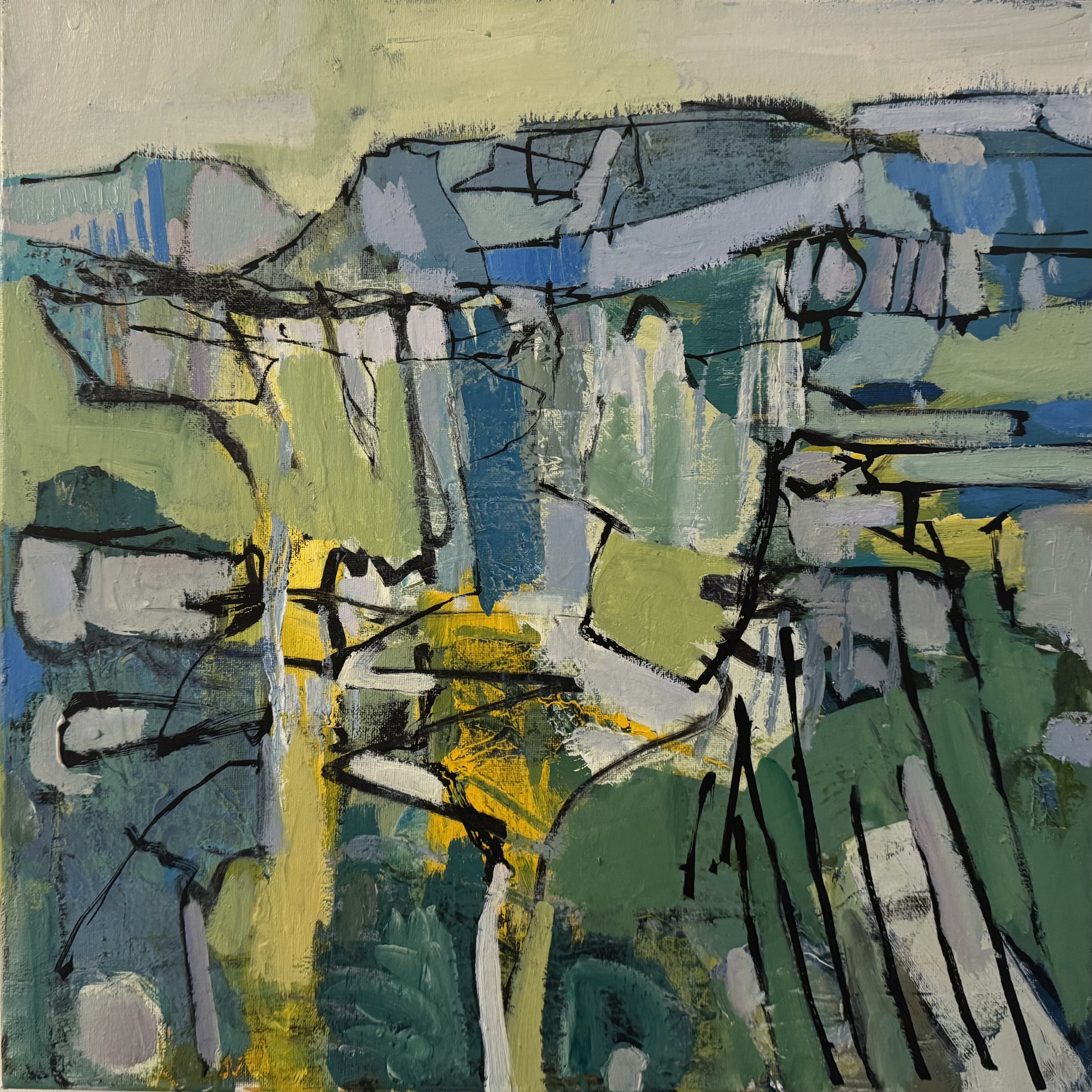 Landscape Study
Oil, peinture d’essence, sgraffito, gloss medium
Made as part of my RCA studies in 2025, this painting isn’t of the landscape so much as about it. I’m interested in creating a liminal space—one that records not just the land itself,