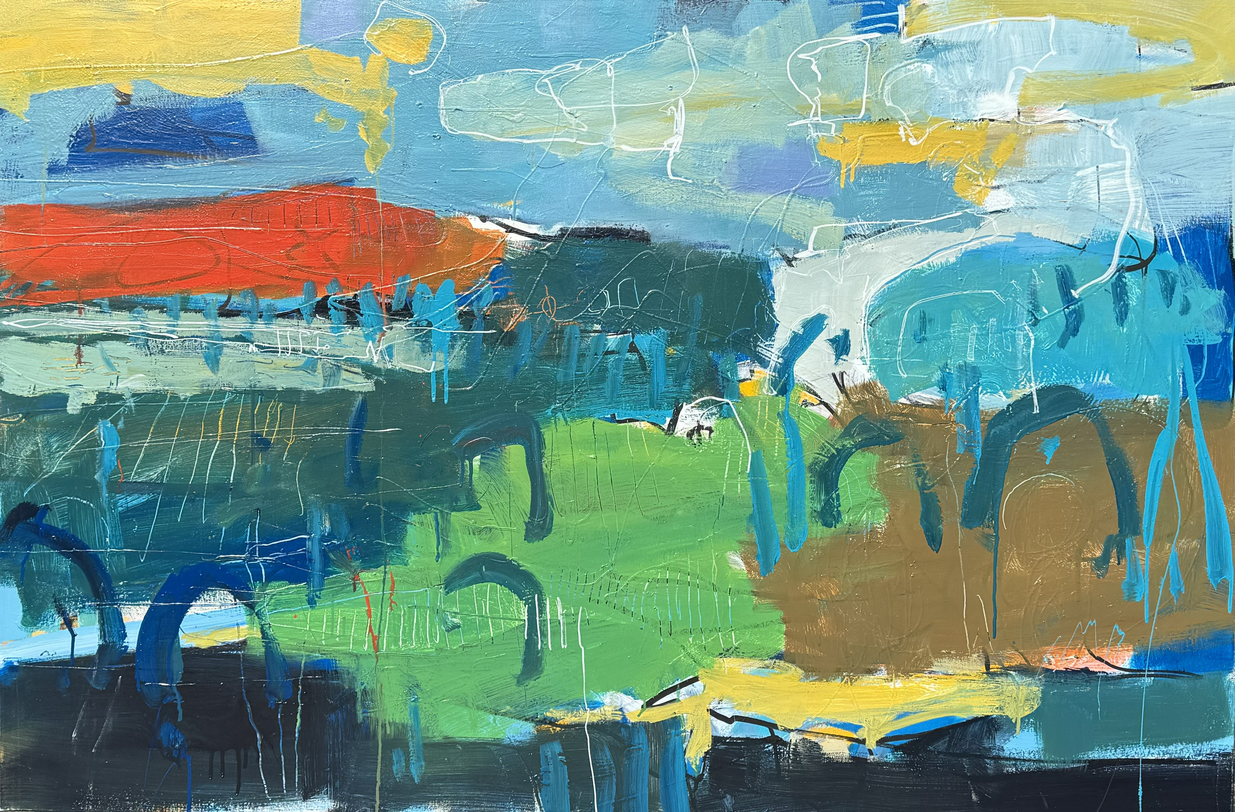 Landscape Study
Oil, peinture d’essence, sgraffito, gloss medium
Made as part of my RCA studies in 2025, this painting isn’t of the landscape so much as about it. I’m interested in creating a liminal space—one that records not just the land itself,