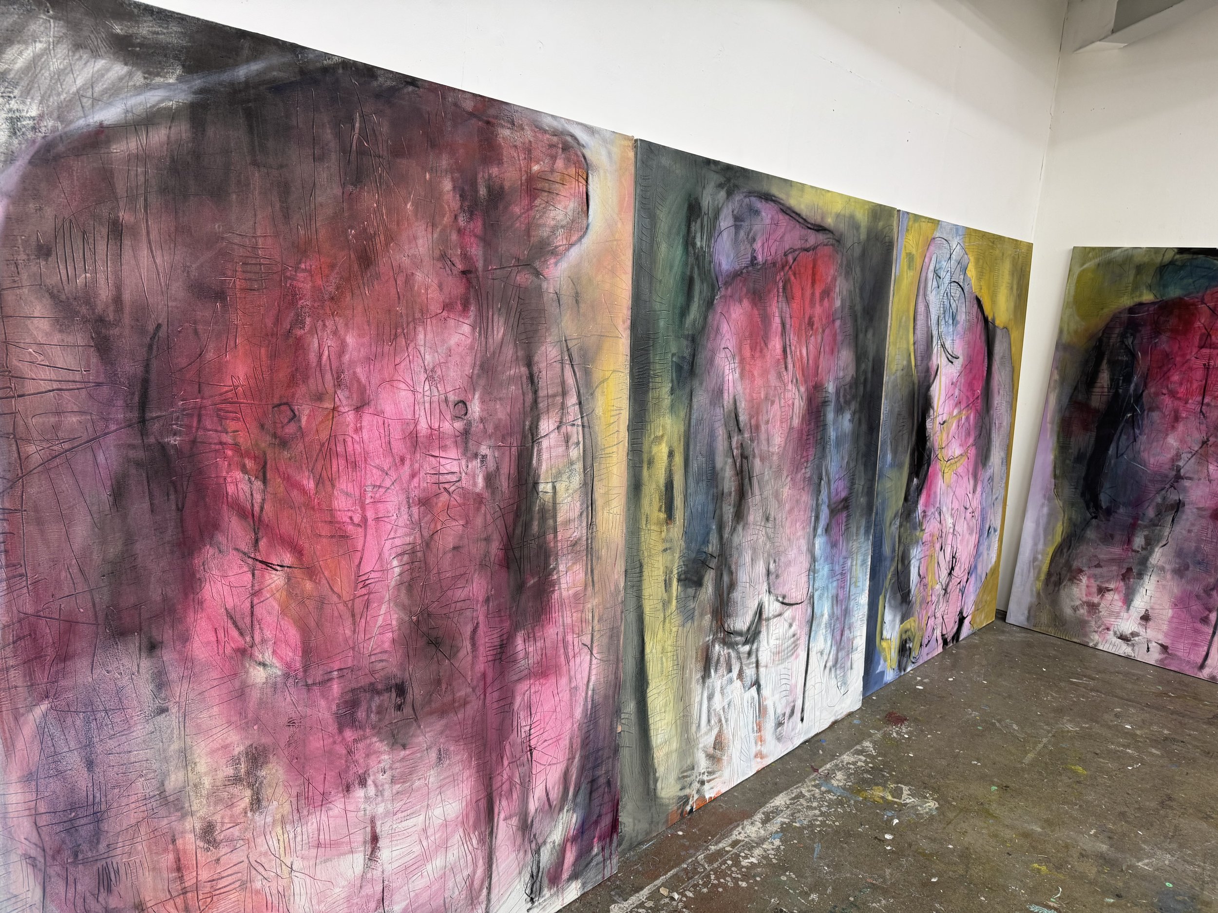 Studies for The Entropic Pull of Matter Over Memory
Martin Kinnear RCA
Oil, peinture d’essence, dry media, gloss, and sgraffito on canvas
Polyptych (12 panels), each 230 × 152 cm