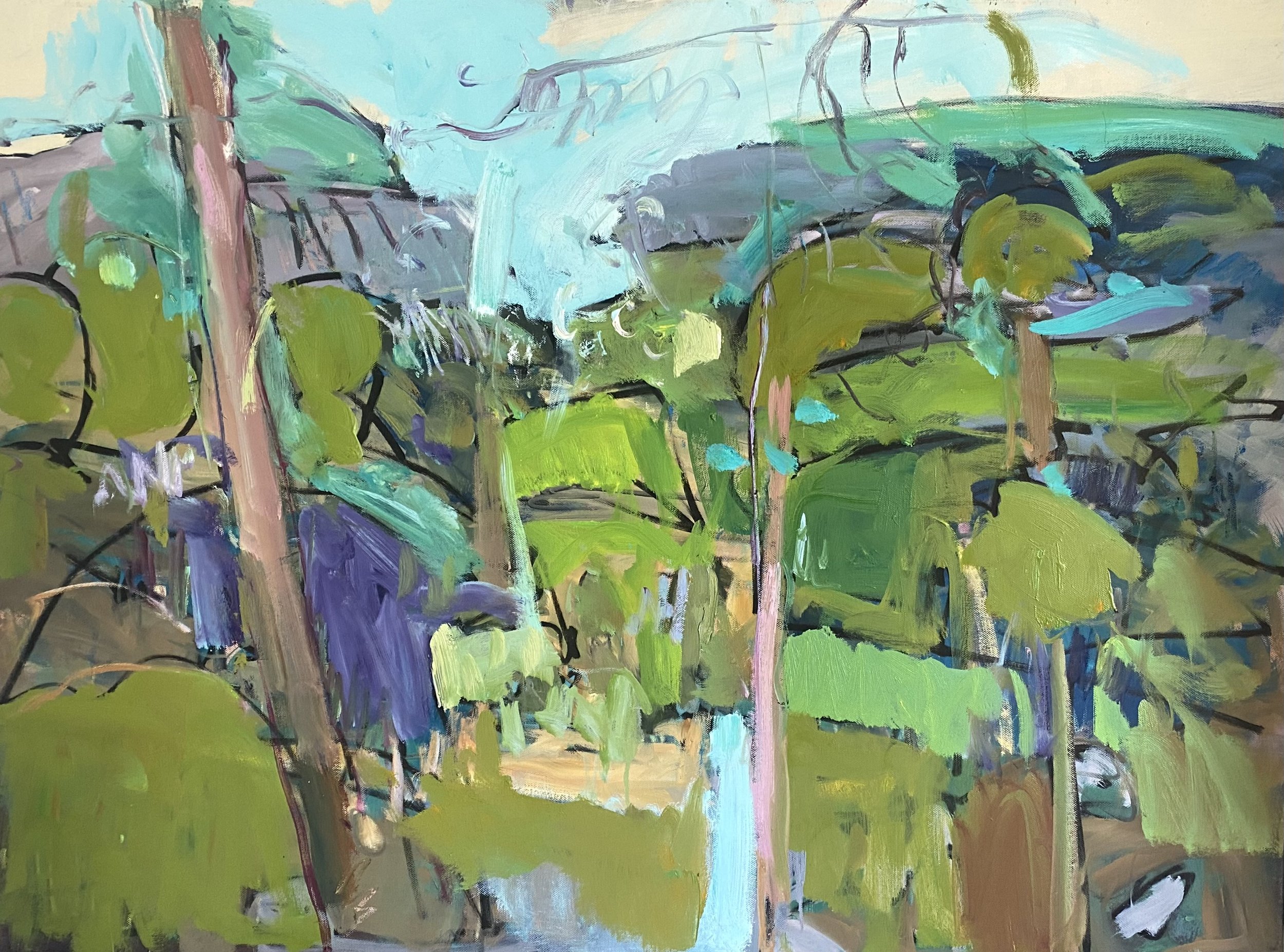 Landscape Study
Oil, peinture d’essence, sgraffito, gloss medium
Made as part of my RCA studies in 2025, this painting isn’t of the landscape so much as about it. I’m interested in creating a liminal space—one that records not just the land itself,