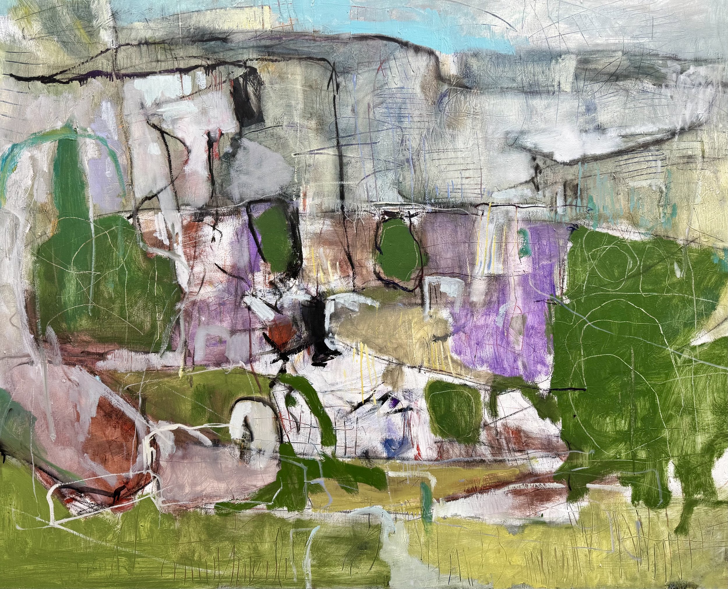 Landscape Study
Oil, peinture d’essence, sgraffito, gloss medium
Made as part of my RCA studies in 2025, this painting isn’t of the landscape so much as about it. I’m interested in creating a liminal space—one that records not just the land itself,