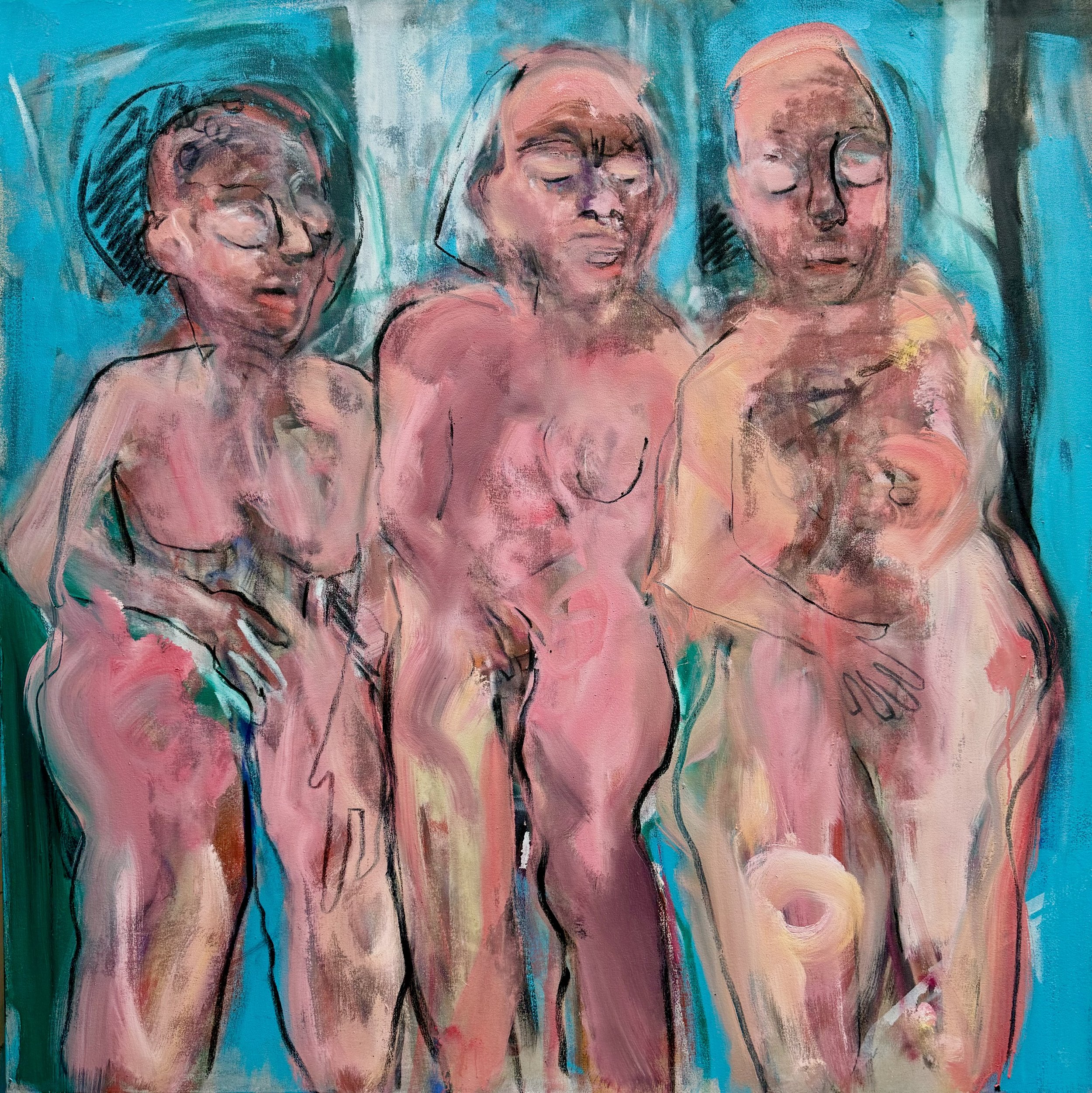Unbroken
Martin Kinnear RCA
Oil, dry pigment, and staining on unprimed canvas
Polyptych (multiple panels), each 152 × 91 cm
Unbroken is a polyptych of stained and broken figures, each one half-revealed, emerging from the raw surface of unprimed canv