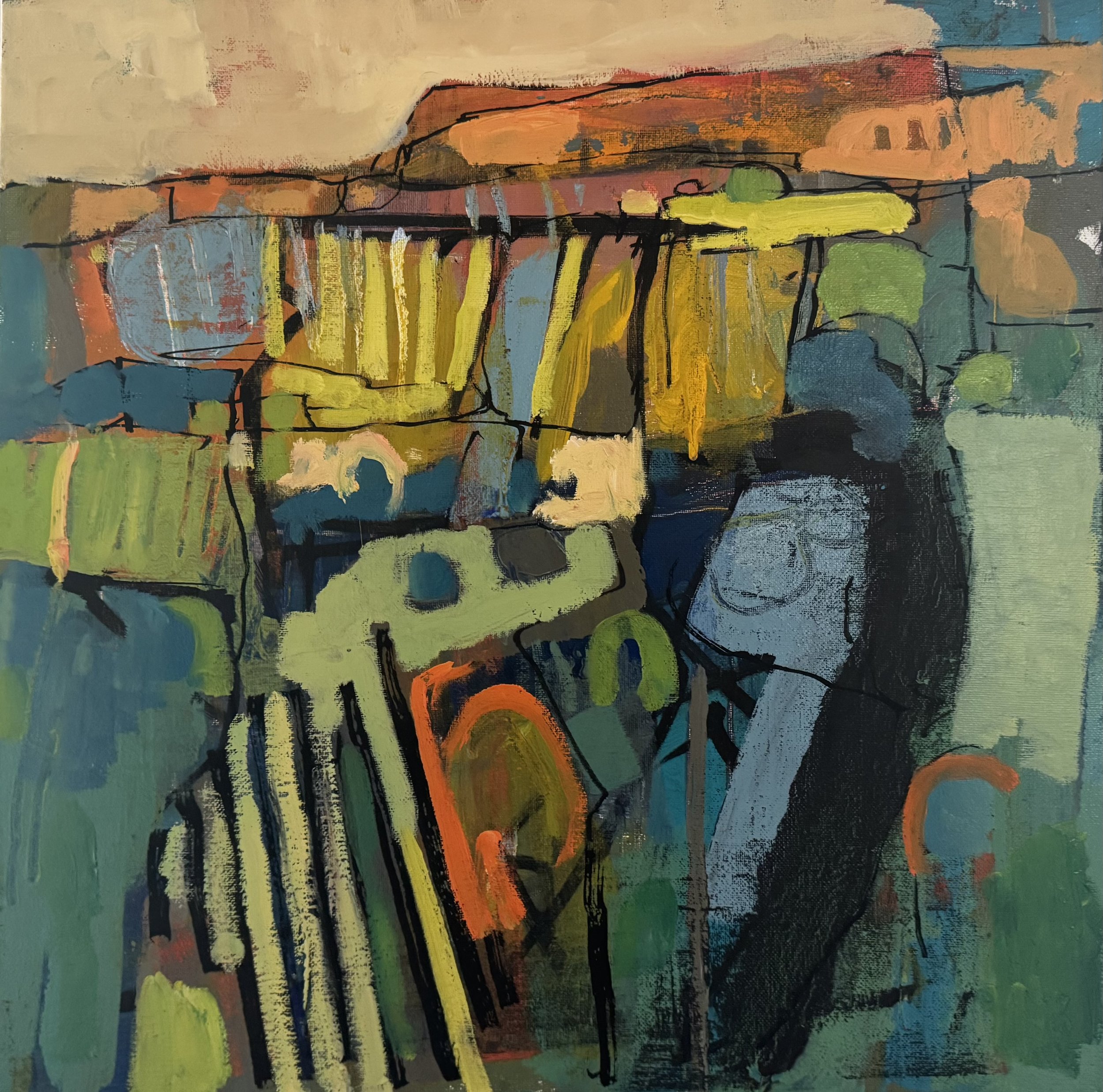 Half Lit Edge (selected: G&S prize 2025 )
Oil, peinture d’essence, sgraffito, gloss medium
This painting isn’t of the landscape so much as about it. I’m interested in creating a liminal space—one that records not just the land itself, but the lives,