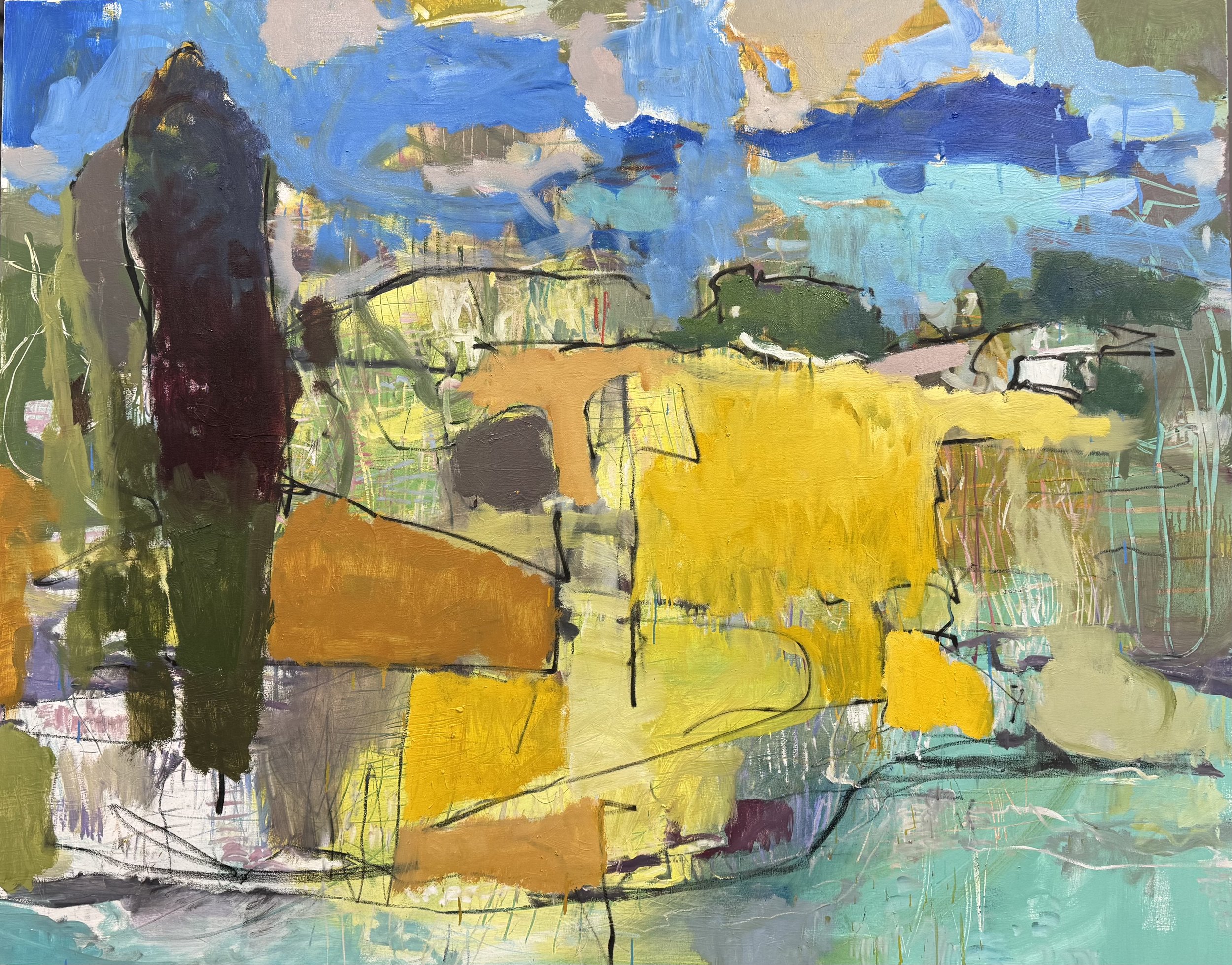 Landscape Study
Oil, peinture d’essence, sgraffito, gloss medium
Made as part of my RCA studies in 2025, this painting isn’t of the landscape so much as about it. I’m interested in creating a liminal space—one that records not just the land itself,