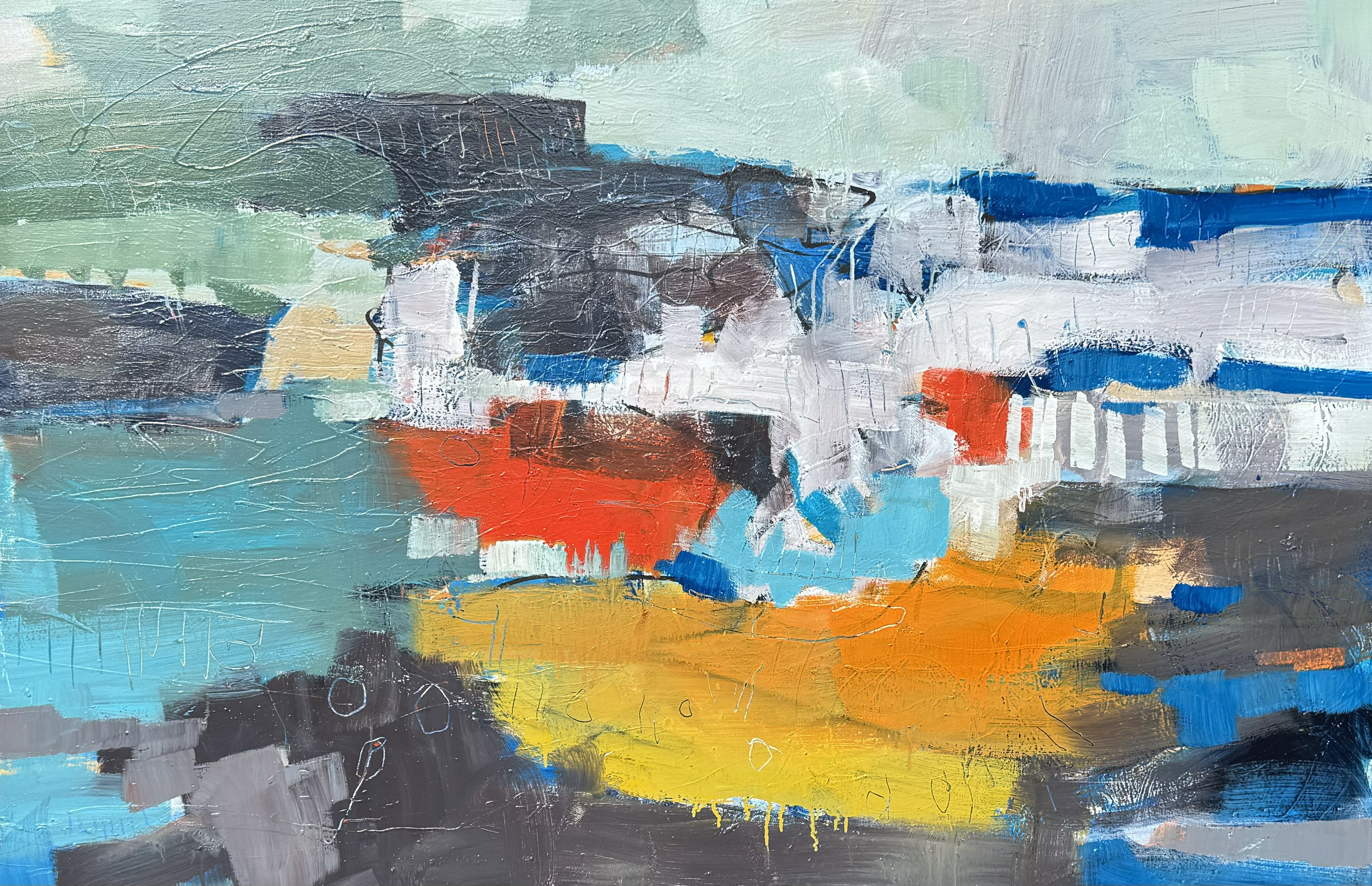 Landscape Study
Oil, peinture d’essence, sgraffito, gloss medium
Made as part of my RCA studies in 2025, this painting isn’t of the landscape so much as about it. I’m interested in creating a liminal space—one that records not just the land itself,