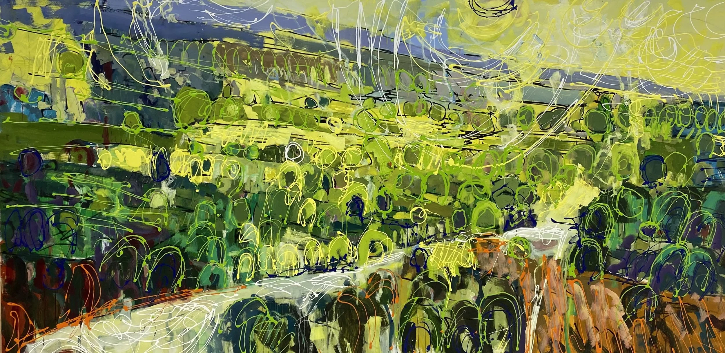 Landscape Study
Oil, peinture d’essence, sgraffito, gloss medium
Made as part of my RCA studies and following my solo exhibition Regeneration at The Bowes Museum (2023), this painting isn’t of the landscape so much as about it. I’m interested in cre
