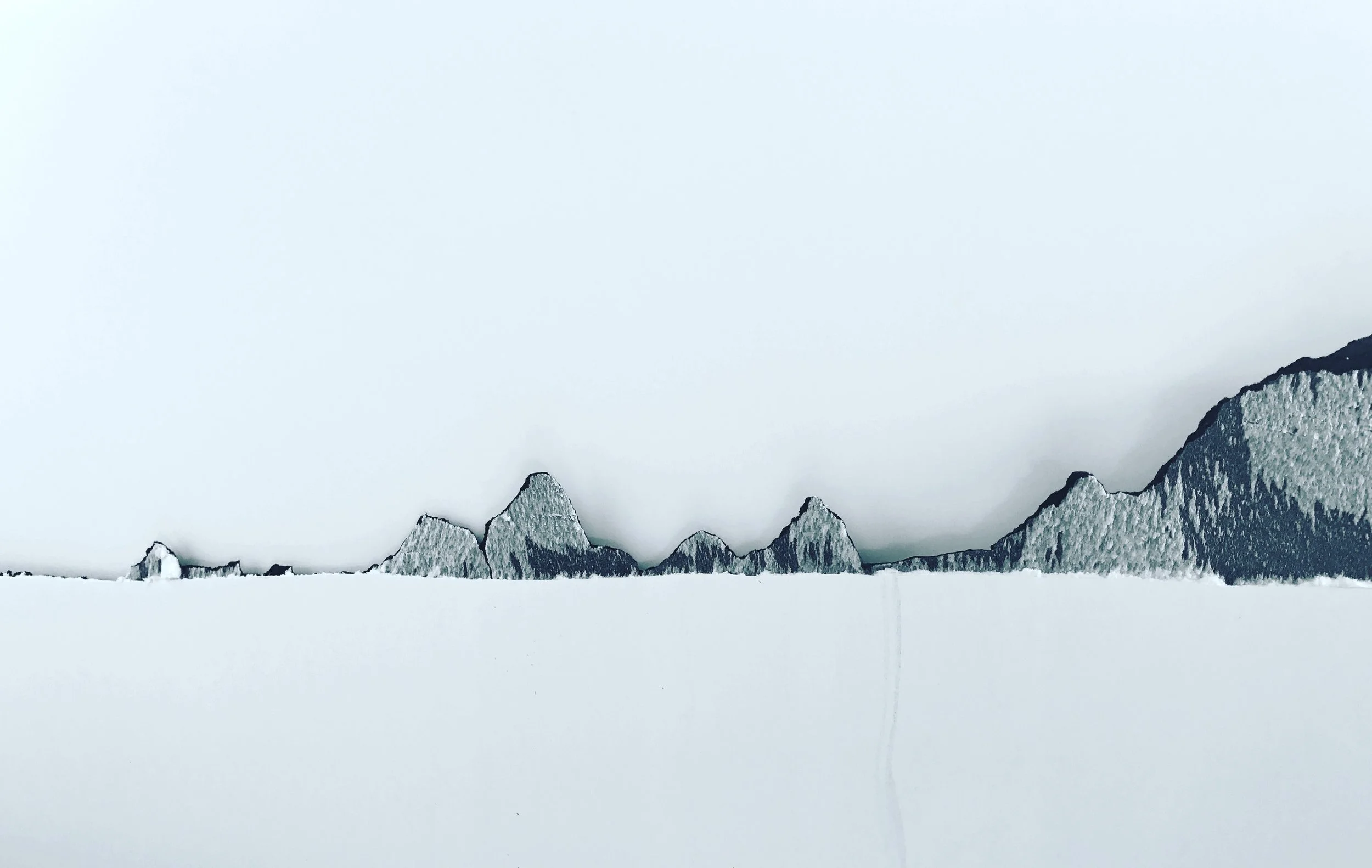 Icebergs and mountains covered in snow under a pale sky.