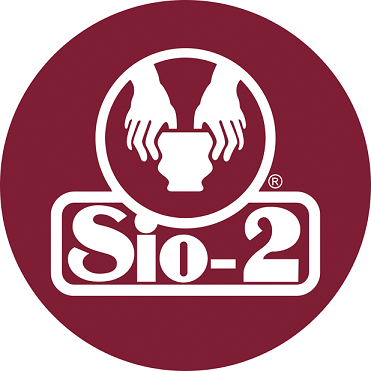 Sio-2 logo with two hands holding a plant or bowl inside a circle