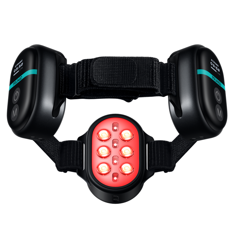A medical or therapeutic device with a black adjustable strap, featuring two black side components with buttons, and a central glowing area with multiple red lights arranged vertically, used for pain relief or therapy.