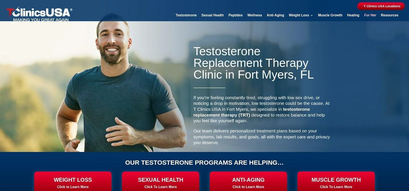 Testosterone replacement therapy page screenshot for T Clinics USA Fort Myers