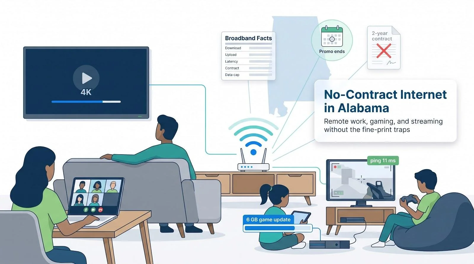 5 Best No-Contract Internet Plans in Alabama for Work-From-Home Families