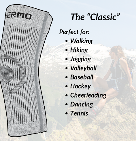 Illustration of a Thermo heated leg warmer and text advertising it as classic, suitable for walking, hiking, jogging, volleyball, baseball, hockey, cheerleading, dancing, and tennis, with a background of people sitting outdoors on rocks in mountains.