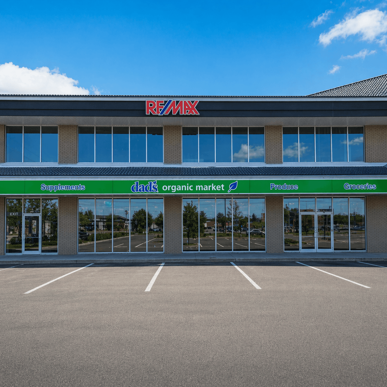 Outdoor store sign reading 'Dad's Organic Market, Est 1989' with a car parked in front.