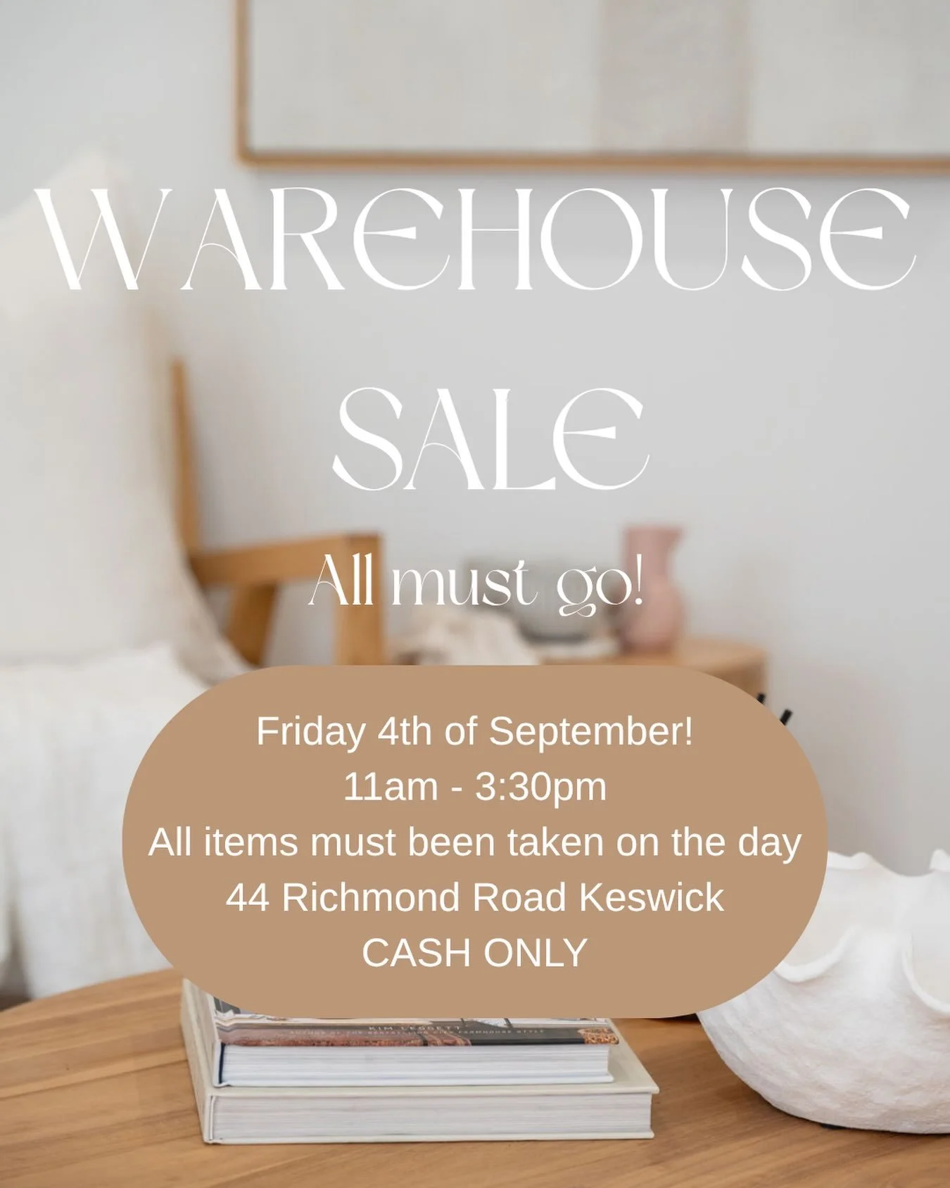 We&rsquo;re having a sale!! 
Friday 4th Sept 
11am - 3:30 pm 
CASH ONLY 
44 Richmond rd Keswick.

**Bring your trailers and Utes for larger items 

stories and posts coming within the next two weeks of items we will have available 🤍🤍