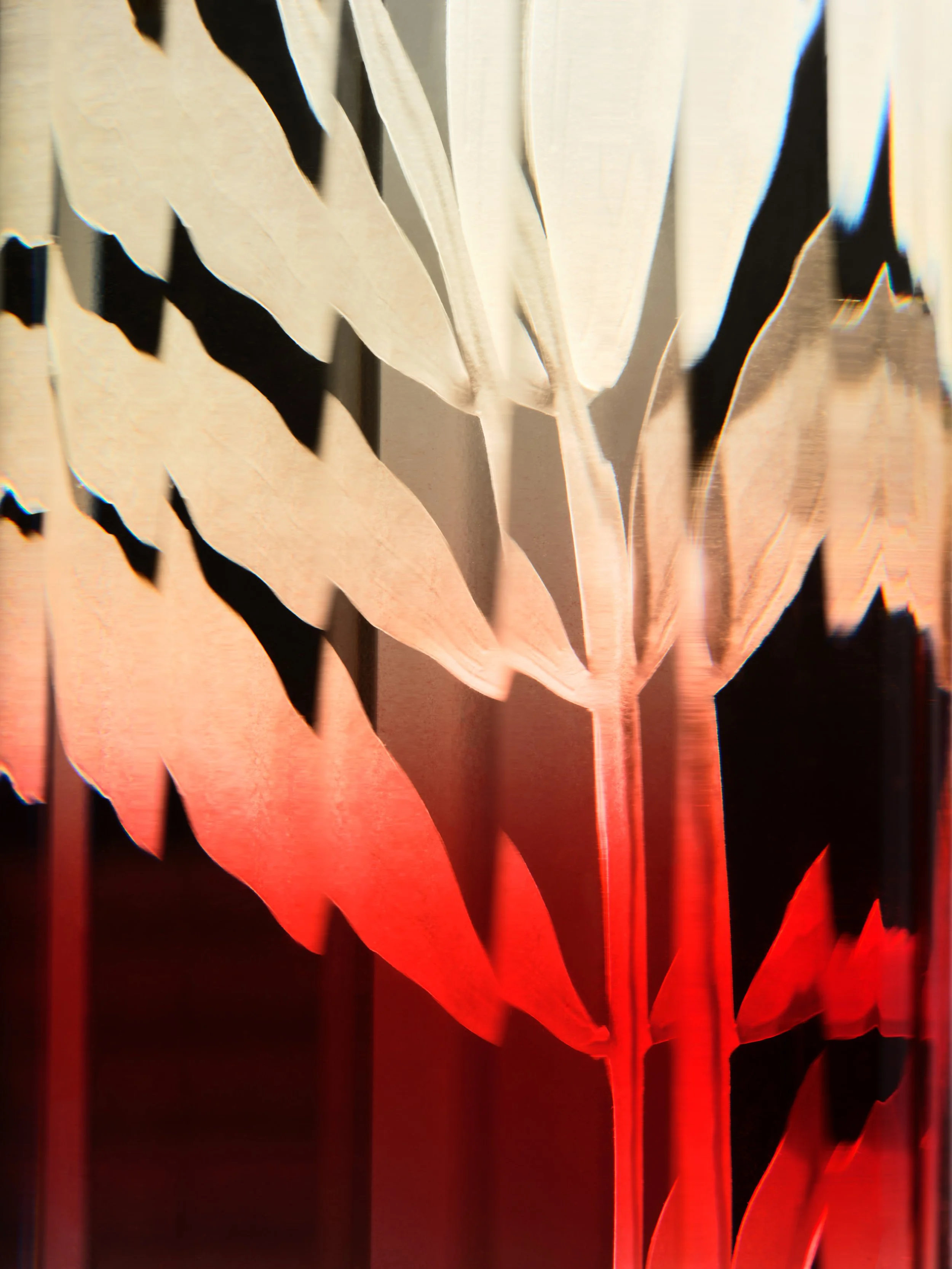abstract photograph of intricate paperart leaves in a red gradient vase