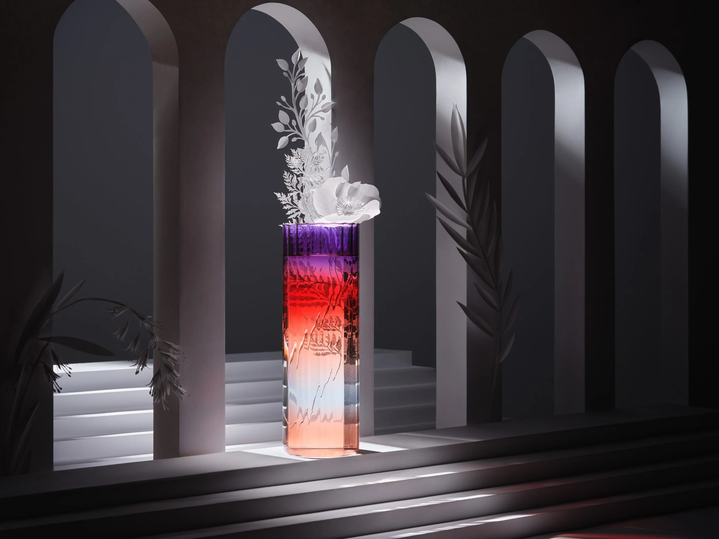 Paperart setdesign of white paper architecture and intricate paperflowers with a colourful purple gradient vase