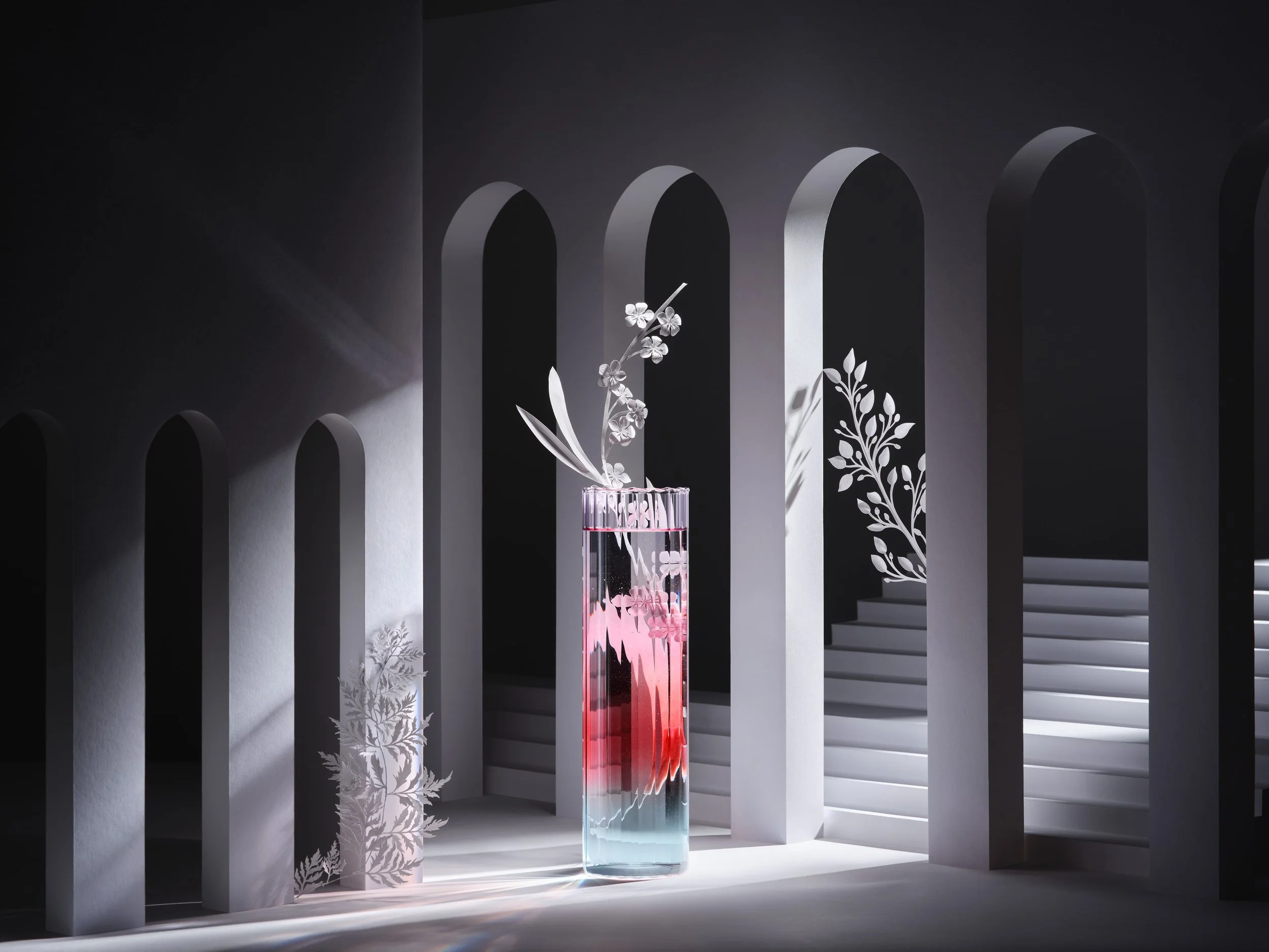Paperart setdesign of white paper architecture and intricate paperflowers with a colourful pink  vase