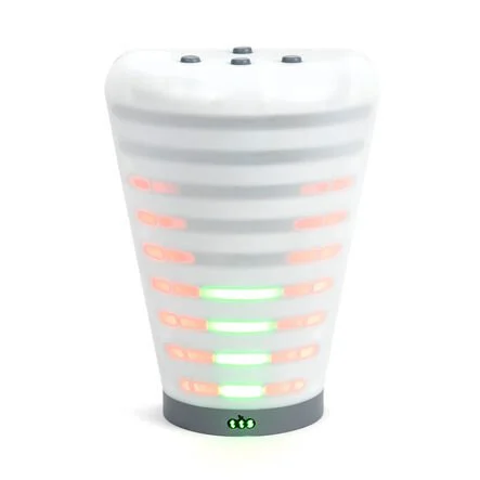 A white, cone-shaped classroom sound meter with horizontal LED light bands that glow green to red to show noise levels.
