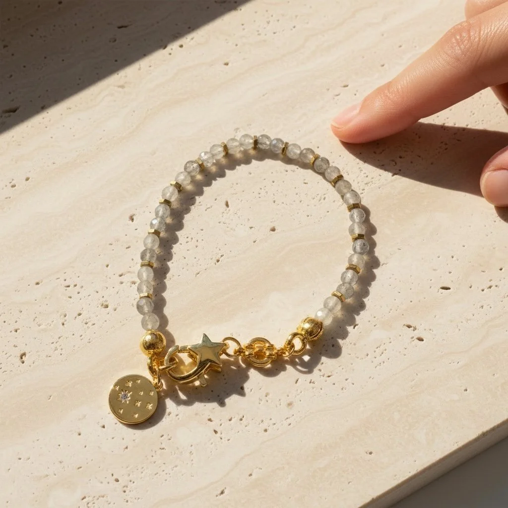 Celeste labradorite bracelet showing gold celestial charm with cubic zirconia