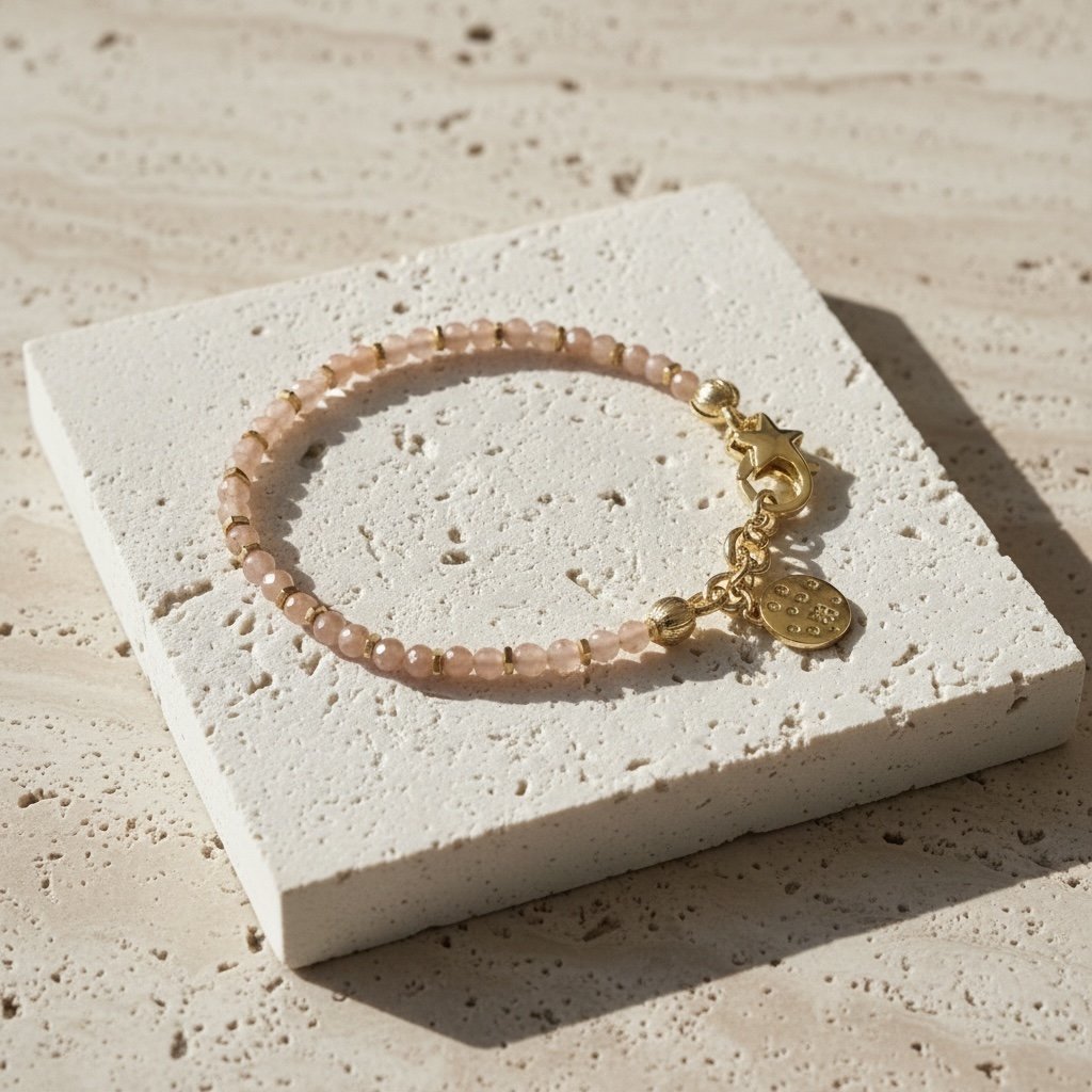 Celeste sunstone bracelet showing gold celestial charm with cubic zirconia