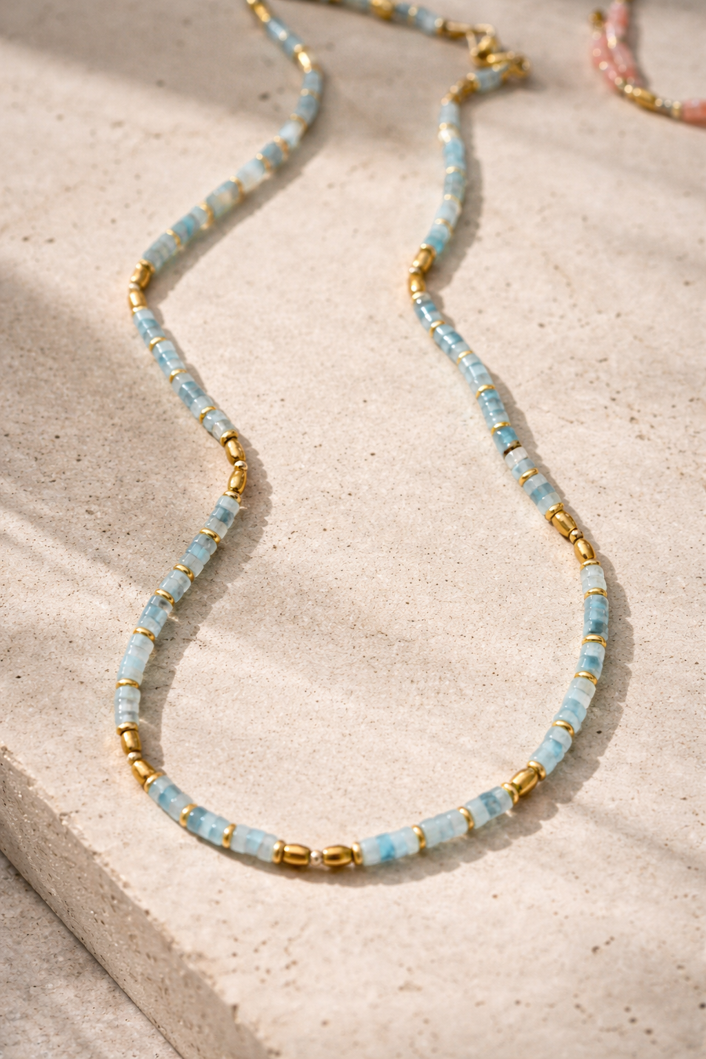 Coco Necklace | Aquamarine Heishi Bead Necklace with 18k Gold Plated Haematite Accents
