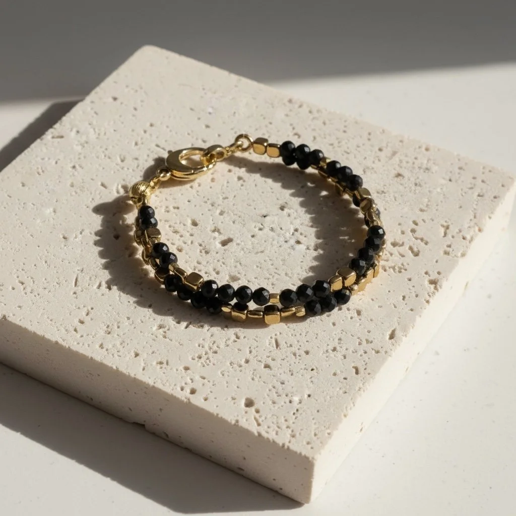 Petra Obsidian bracelet worn with monochrome styling