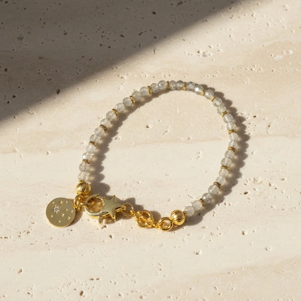 Close-up of labradorite beads showing smoky grey tones with gold-toned spacers