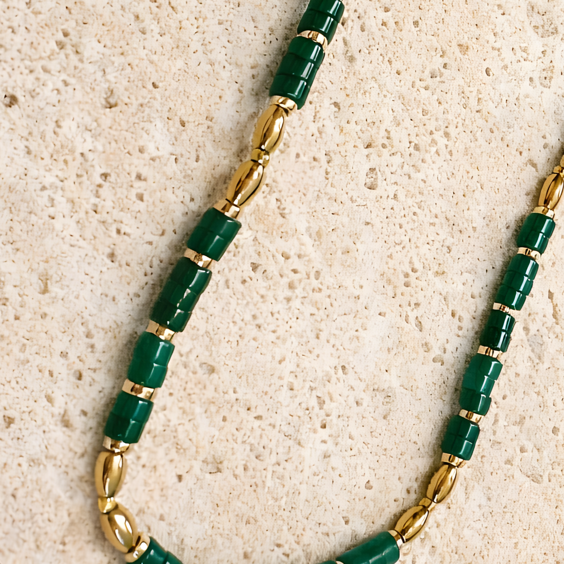 Coco Necklace with lab-made Green Agate heishi beads and 18k gold plated haematite spacer beads, green minimalist layering necklace by ÎLE KEKERE.