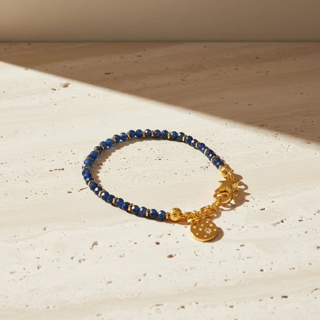 Celeste sapphire bracelet showing gold celestial charm with cubic zirconia