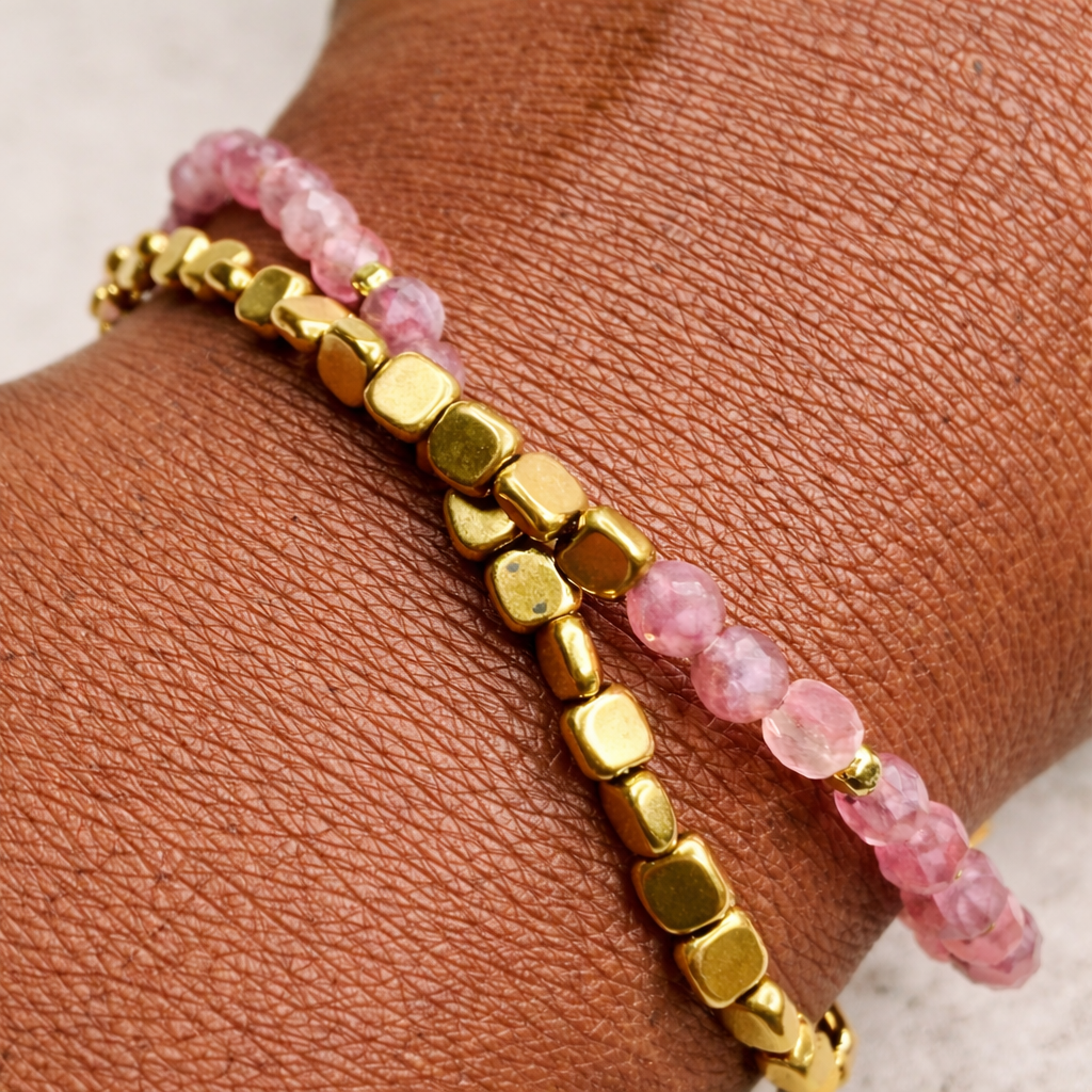 Petra lepidolite bracelet styled on wrist with soft tones
