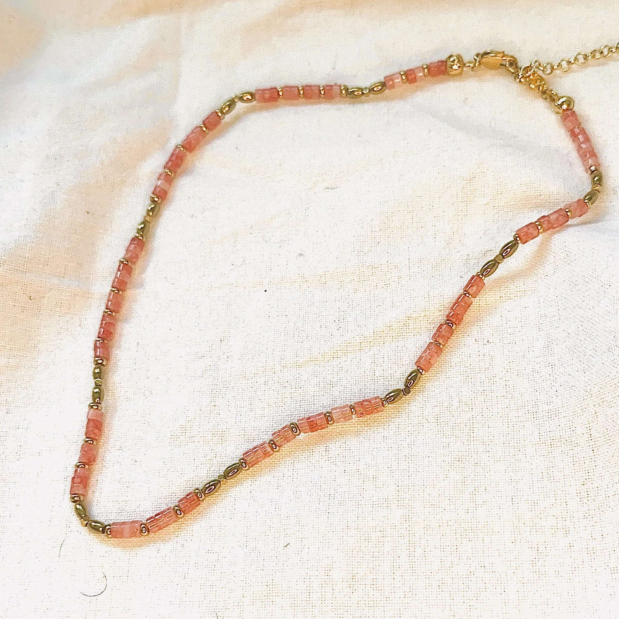 Coco Necklace with lab-made Rose Quartz heishi beads and 18k gold plated haematite spacer beads, pink minimalist layering necklace by ÎLE KEKERE.