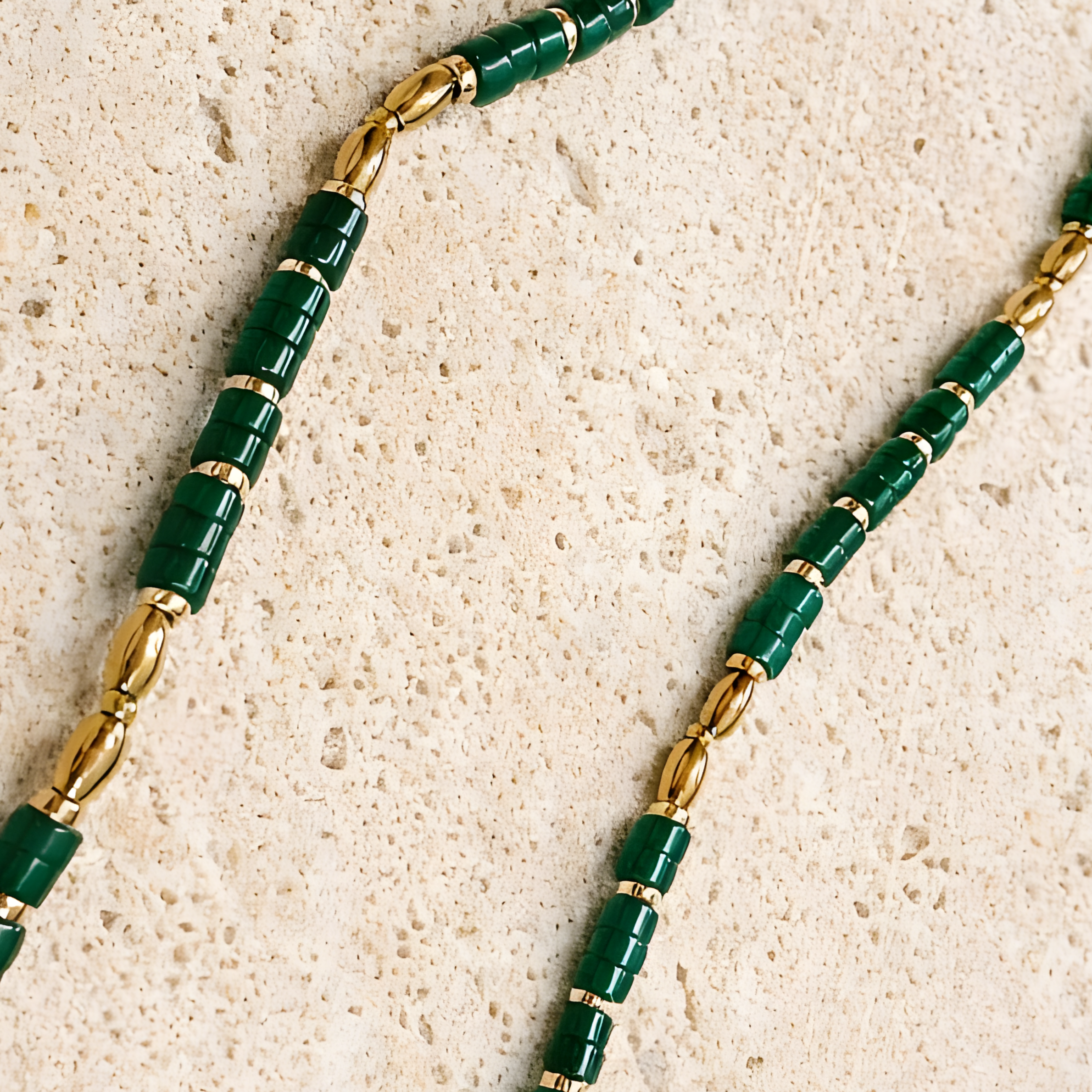 Coco Necklace with lab-made Green Agate heishi beads and 18k gold plated haematite spacer beads, green minimalist layering necklace by ÎLE KEKERE.