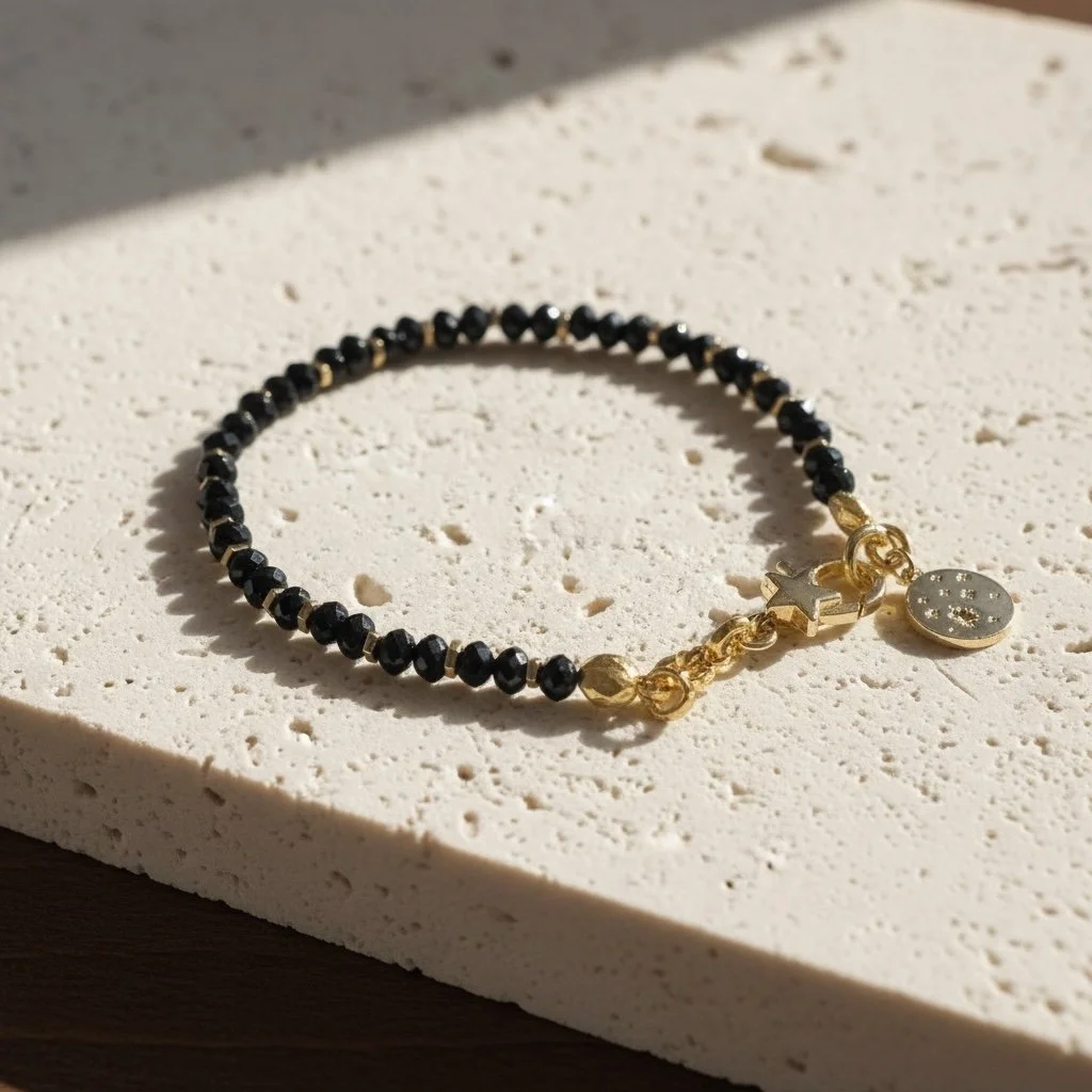 Celeste black spinel bracelet showing gold celestial charm with cubic zirconia