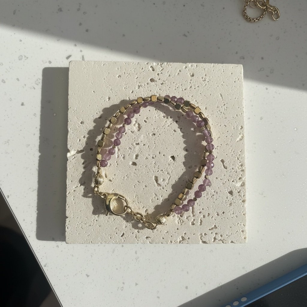 Lepidolite beaded bracelet with gold accents on neutral background