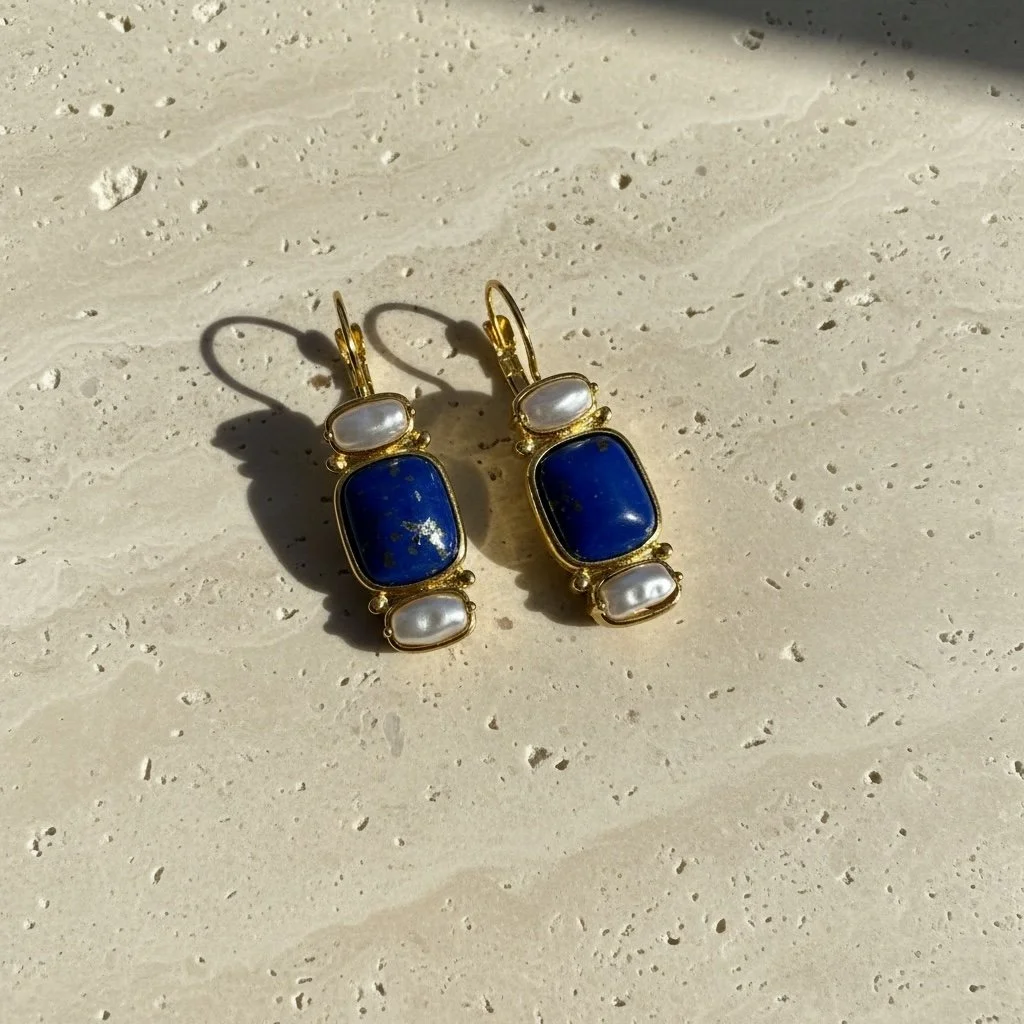 Rupa Earrings  | Pearl and Lapis Lazuli Earrings