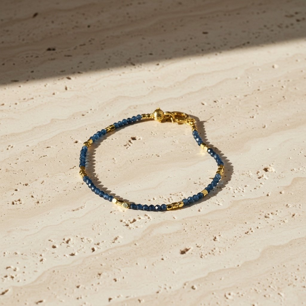Close-up of sapphire beads and gold tone accents on Ibiza bracelet