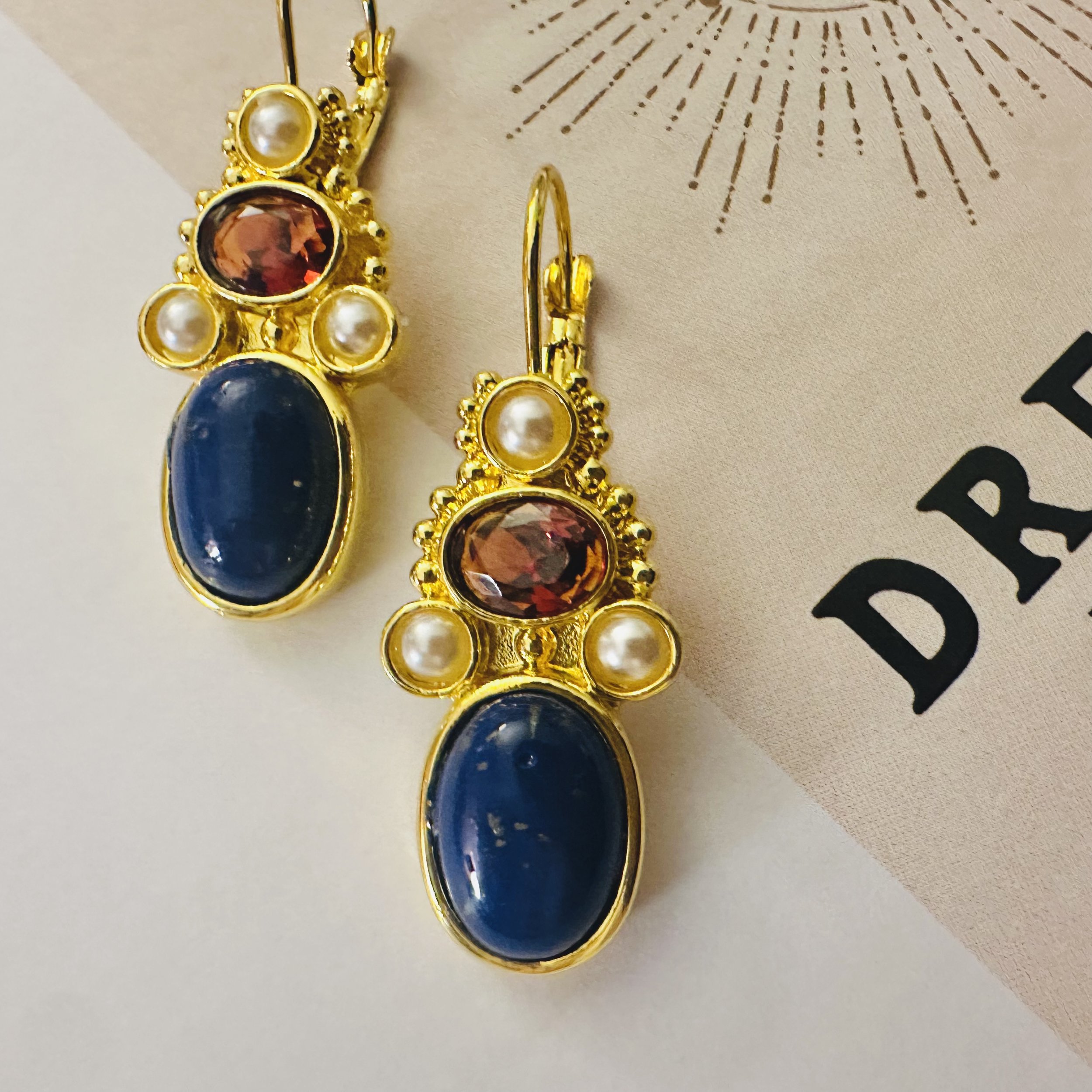 Elegant Rumi Earrings in 18k gold-plated brass with gemstones, inspired by the Greek goddess Rhea