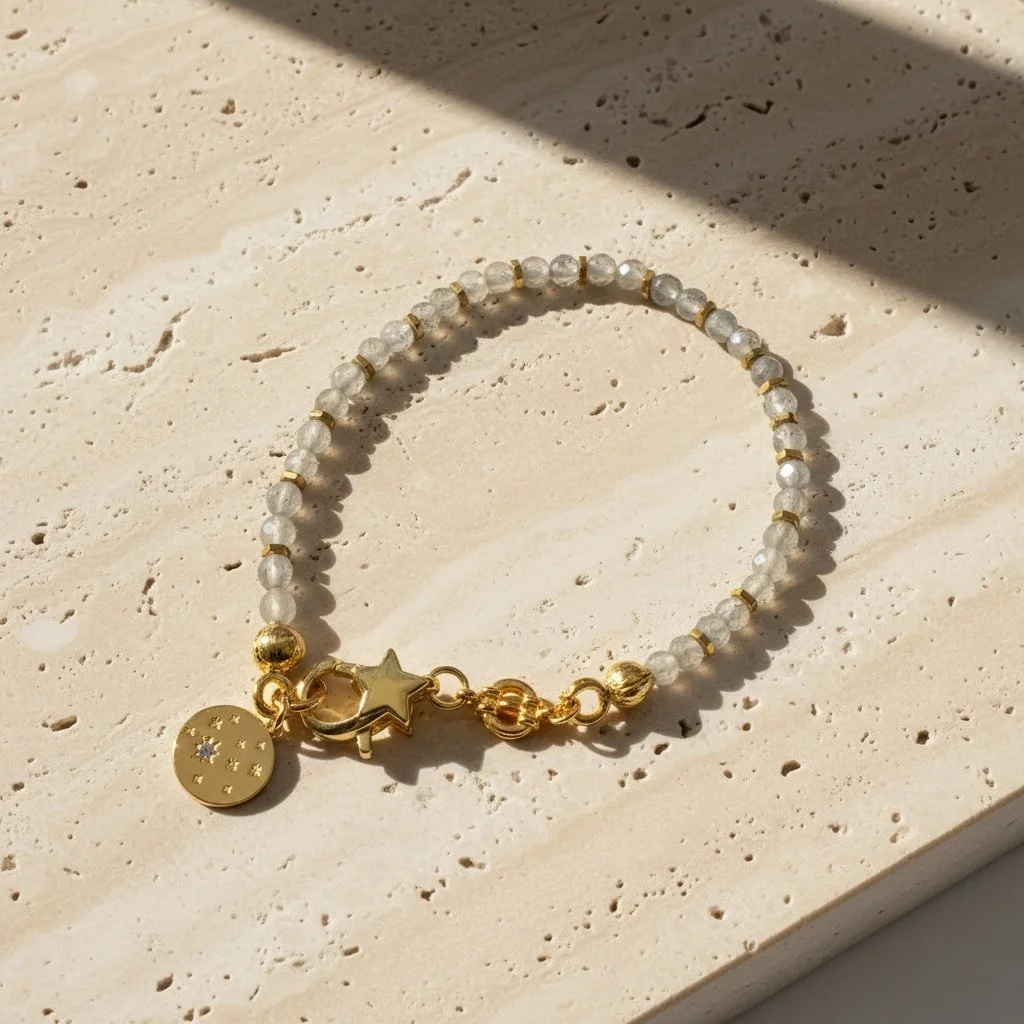 Faceted labradorite bracelet with gold-toned spacers and star clasp on light background