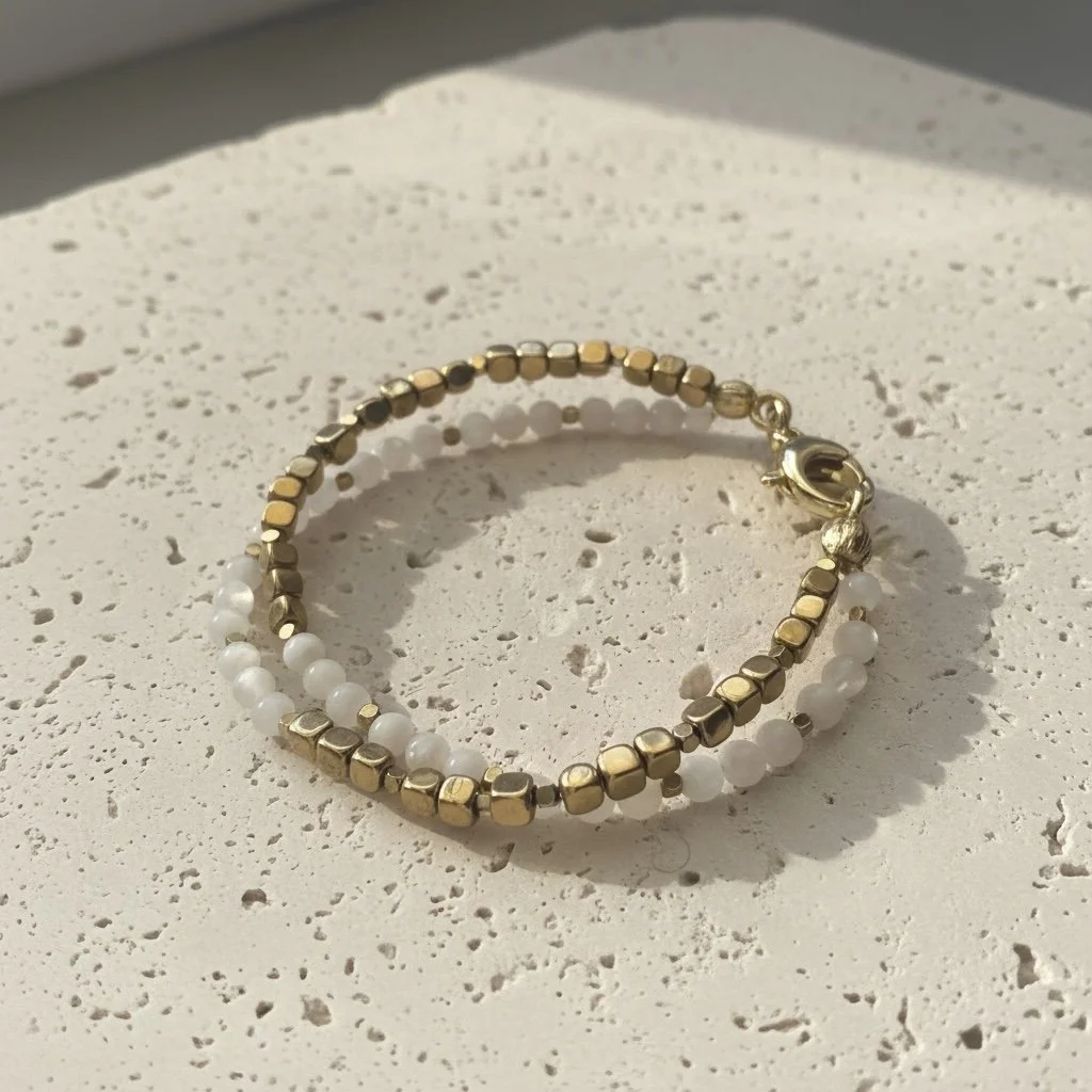 Mother of Pearl beaded bracelet with gold-plated haematite accents